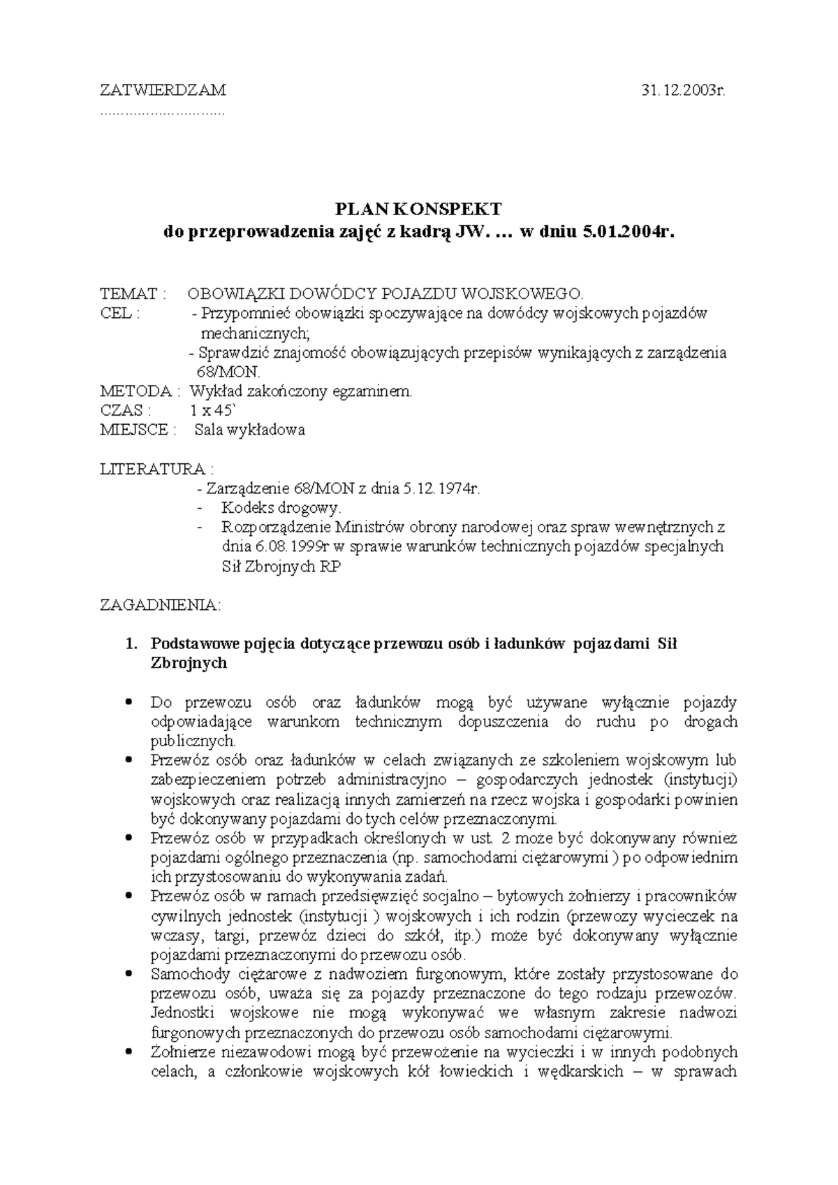 Plan konsp.-obowiązki dcy pojazdu - ZATWIERDZAM 31.12 ...