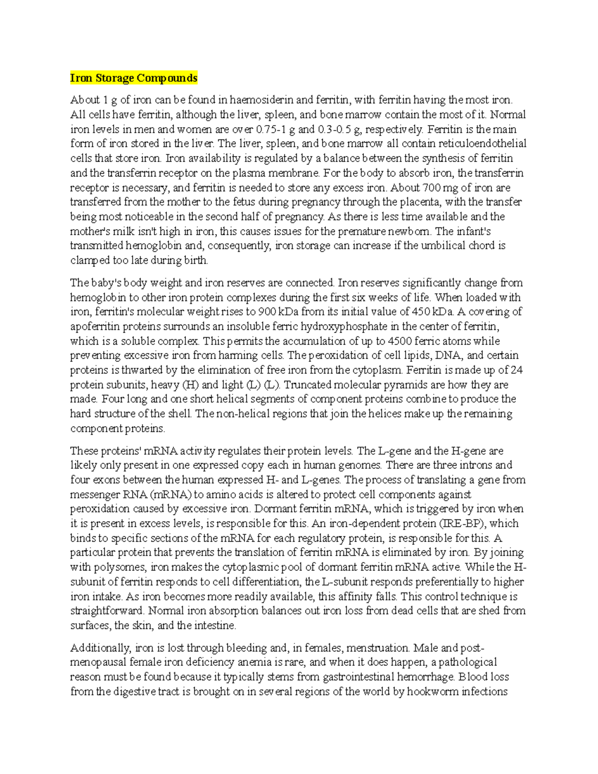 Iron Storage Compounds Iron Storage Compounds About 1 g of iron can