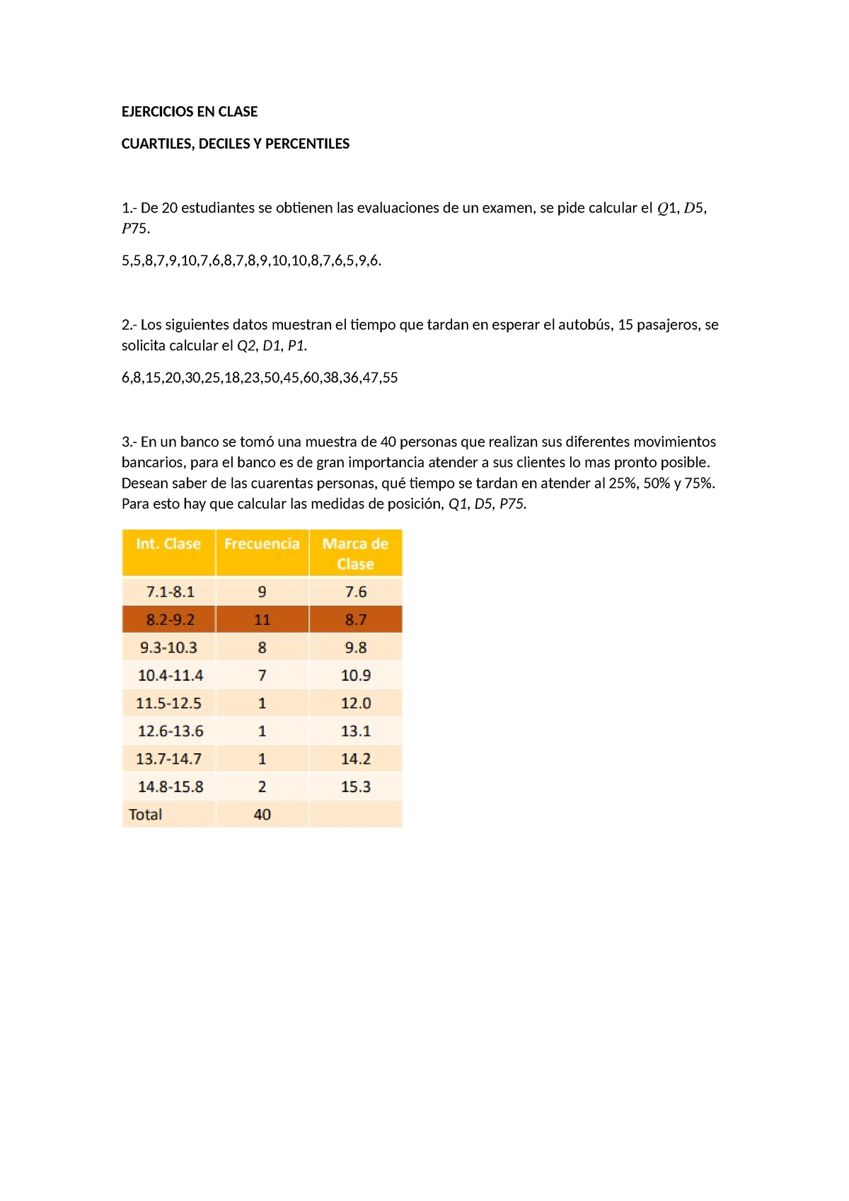 Deber Cuartiles Deciles Y Percentiles - EJERCICIOS EN CLASE CUARTILES ...