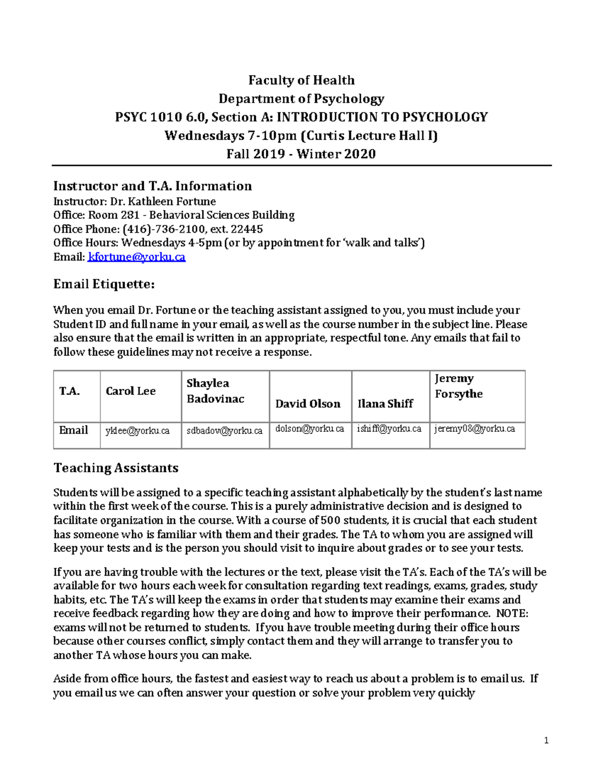 Psyc 1010a Y2019 Course Outline Faculty Of Health Department Of Psychology Psyc 1010 Section Introduction To Psychology Wednesdays 10pm Curtis Lecture Hall Studocu