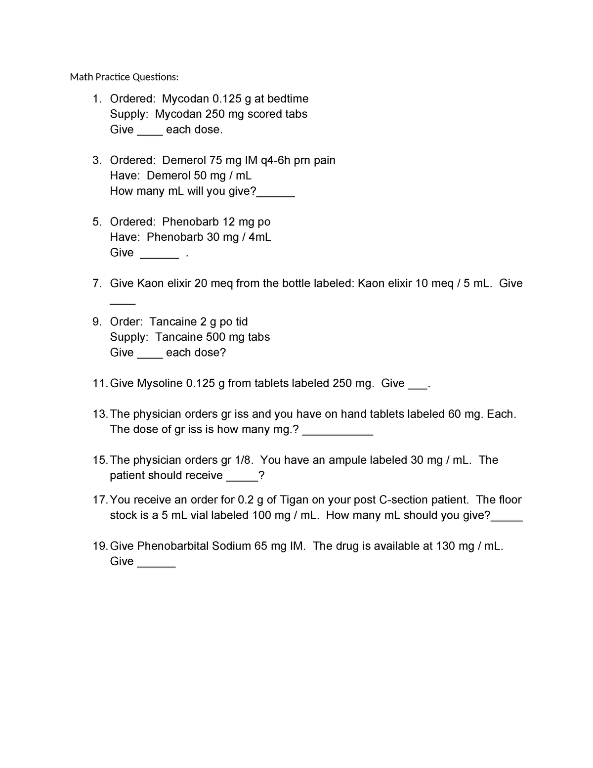 Fall 2022 math practice questions - Math Practice Questions: 1. Ordered ...