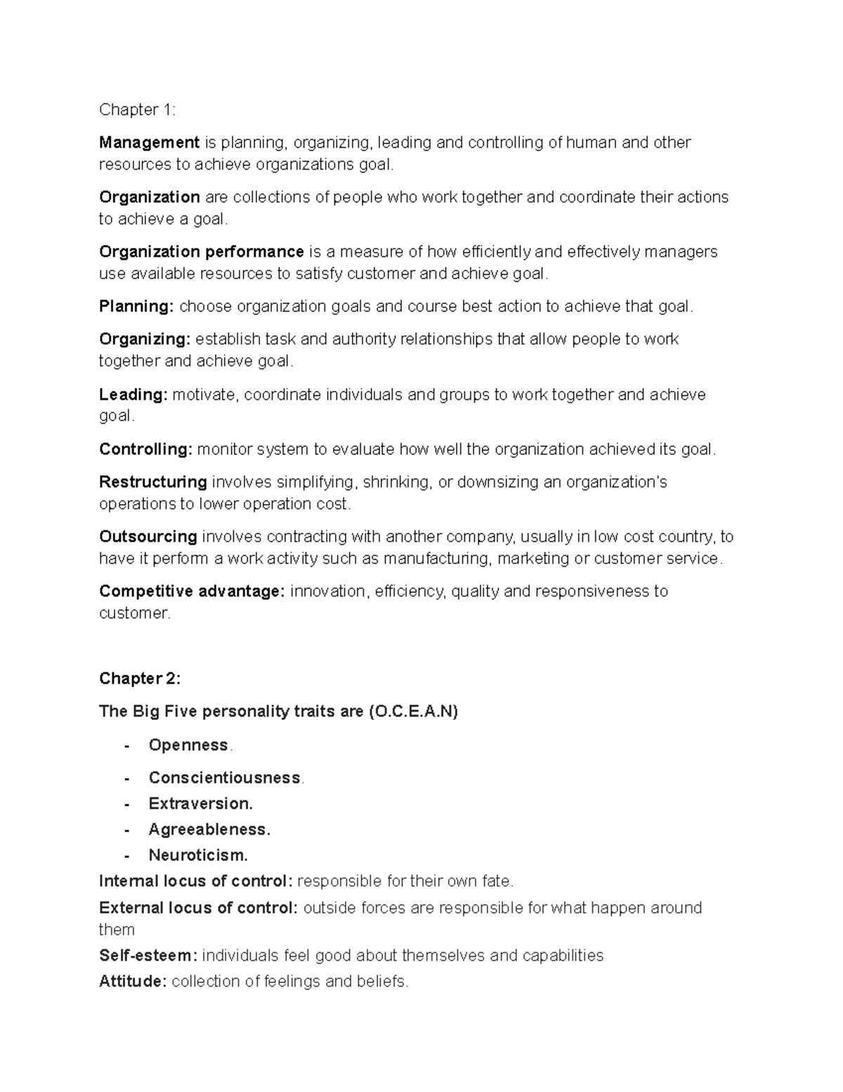 MGT exam 1 review - Lecture notes 1-4 - Chapter 1: Management is ...