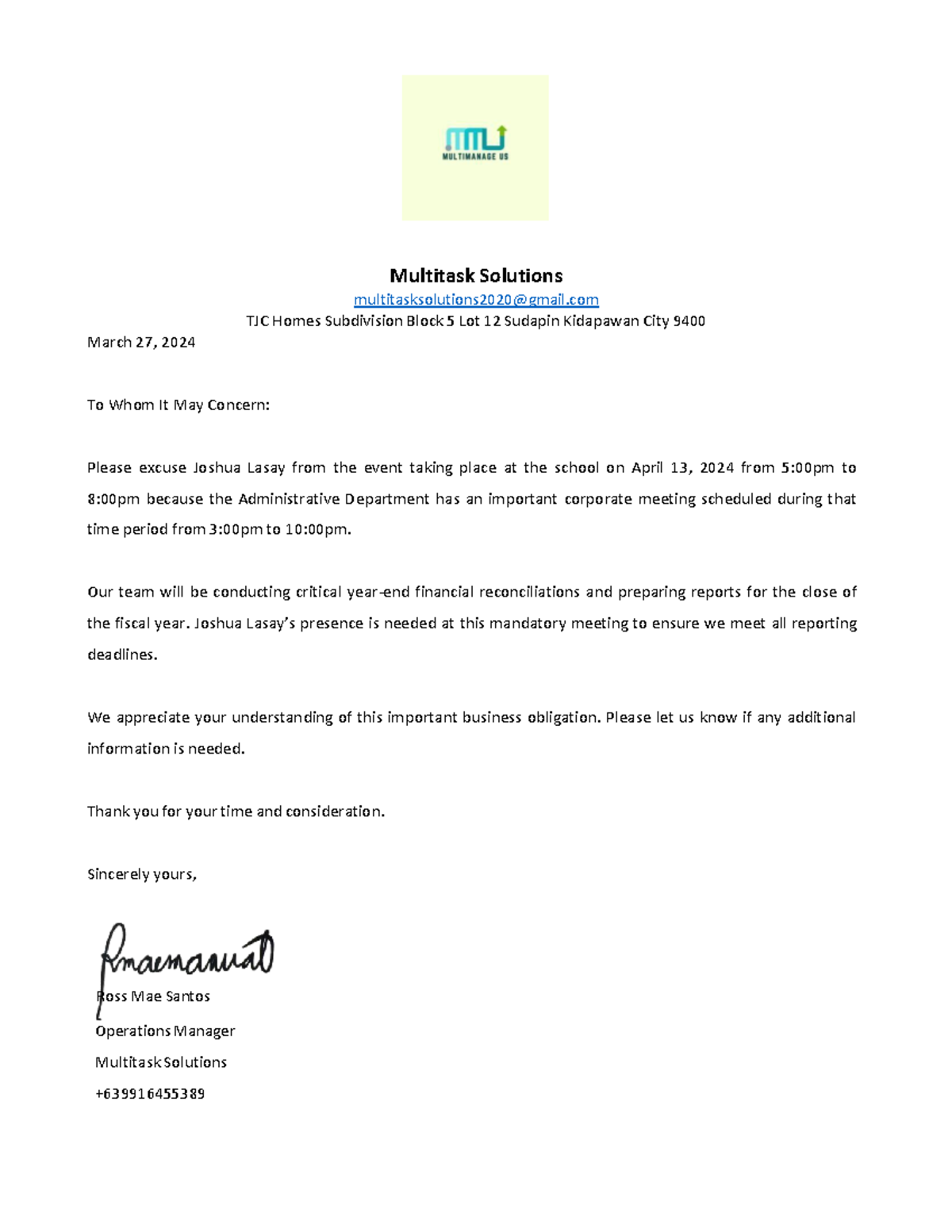 Excuse Letter April 13 2024 - Multitask Solutions ...