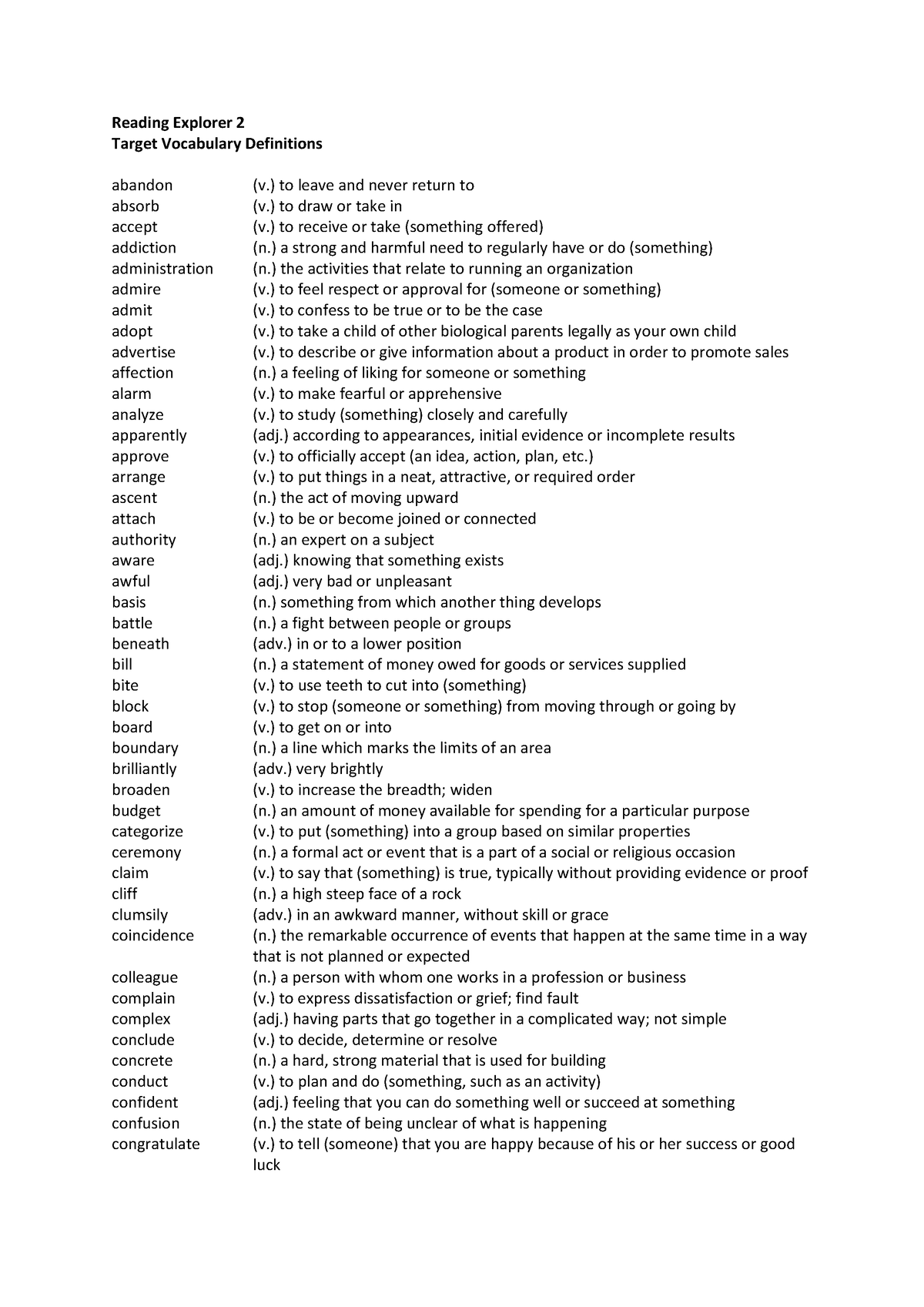 Vocabulary Definitions - Reading Explorer 2 Target Vocabulary ...