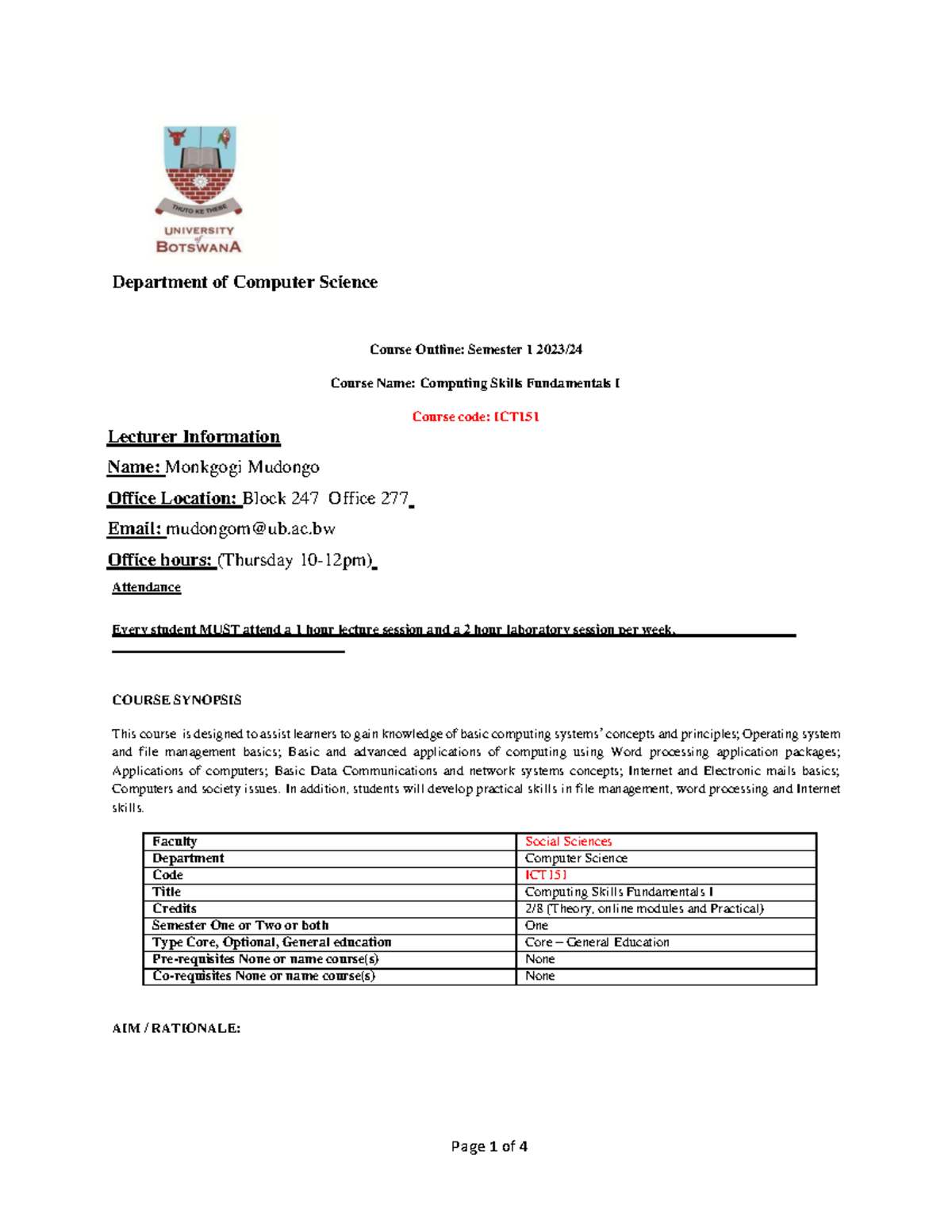 General - Course Outline Calendar 2024-25 Semester 1 Science ...