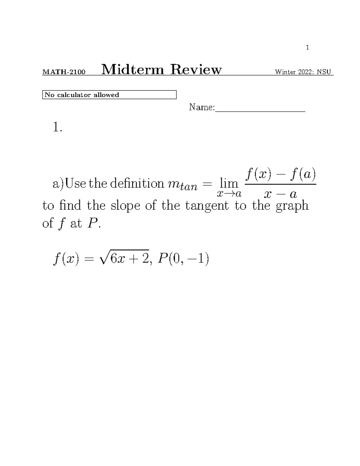 Midterm Review Calculus - MATH-2100 Midterm Review Winter 2022: NSU No ...