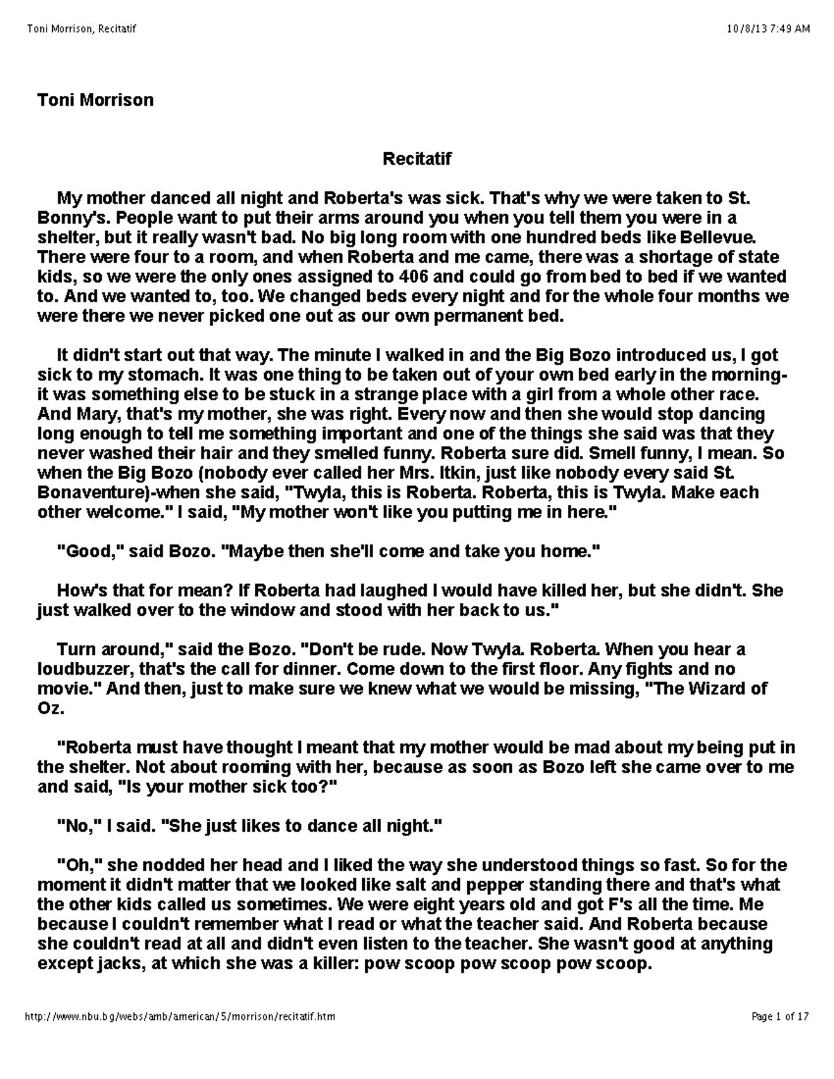 Toni Morrison Short Story Toni Morrison Recitatif My Mother Danced All Night And Roberta S Was Studocu