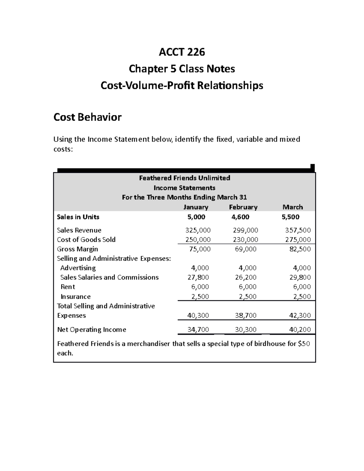 Chapter 5 Notes - ACCT 226 Chapter 5 Class Notes Cost-Volume-Profit ...