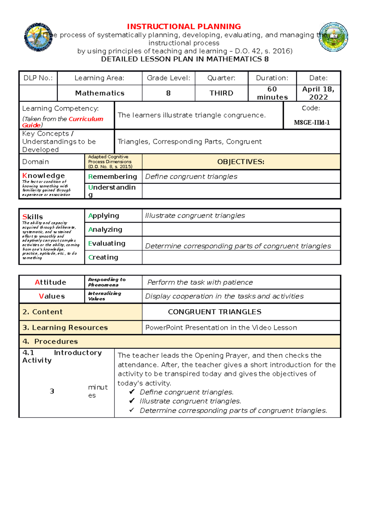 LEsson Plan for Congruent Triangles Bachelor of Secondary Education