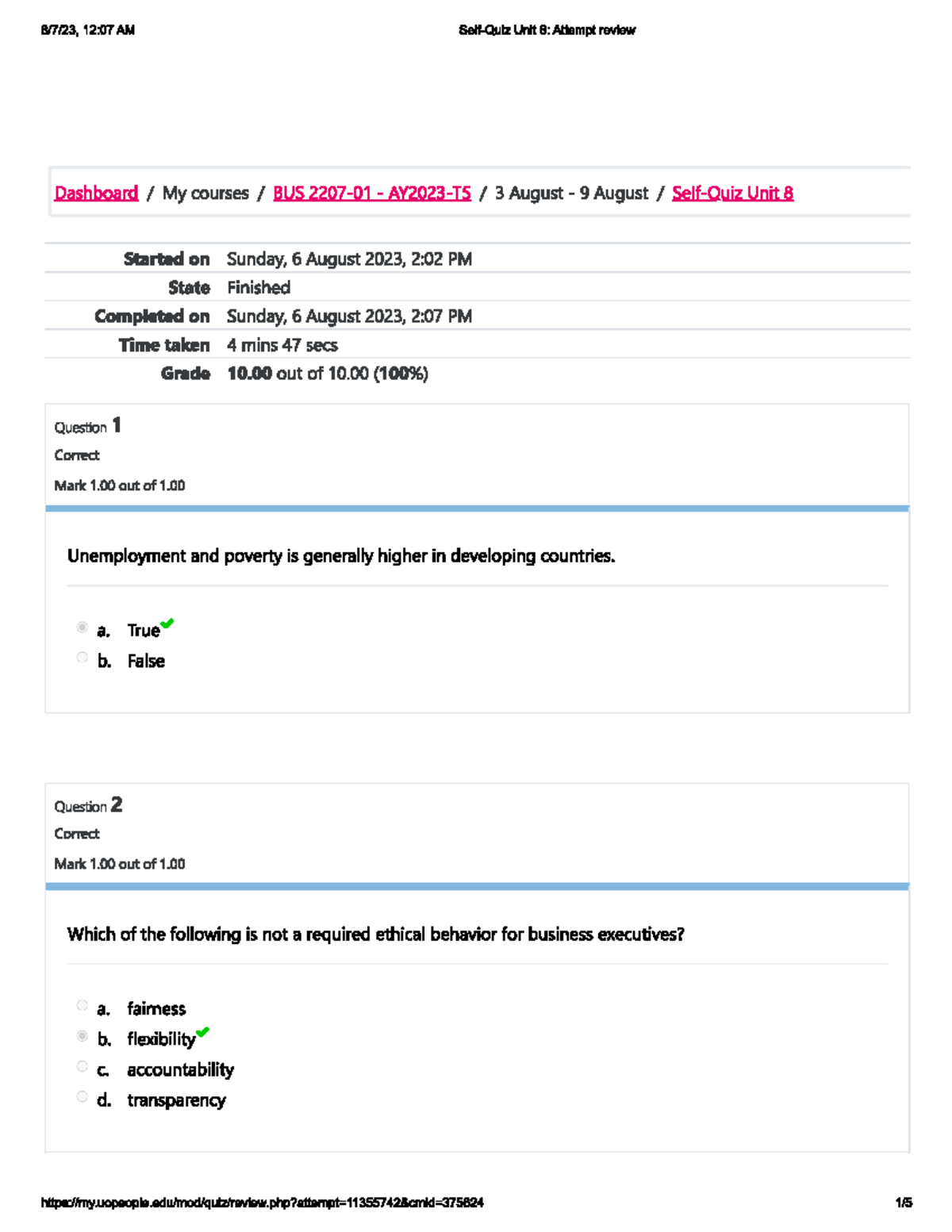 BUS 2207-01 Self Quiz Unit 8 - Multinational Management - Studocu