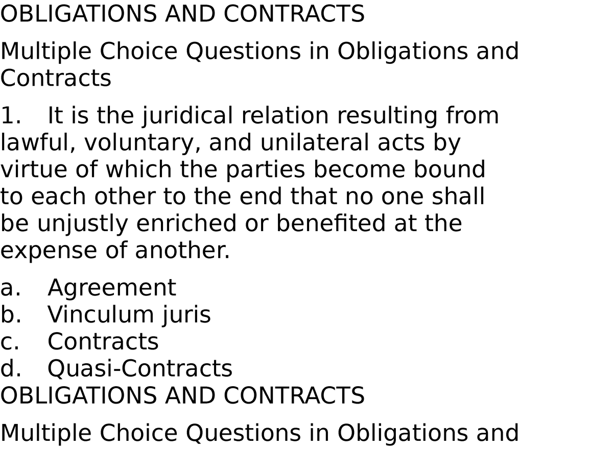 Obligations AND Contracts - OBLIGATIONS AND CONTRACTS Multiple Choice ...