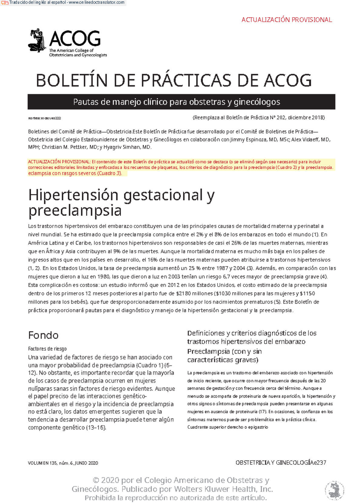 Preclampsia ACOG 2020 ACTUALIZACIÓN PROVISIONAL BOLETÍN DE PRÁCTICAS DE ACOG Pautas de