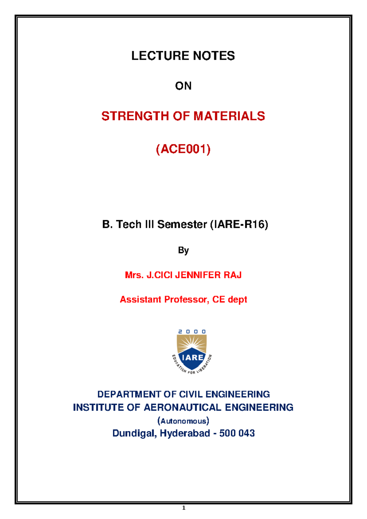 SM Lecture Notes - LECTURE NOTES ON STRENGTH OF MATERIALS (ACE001) B ...