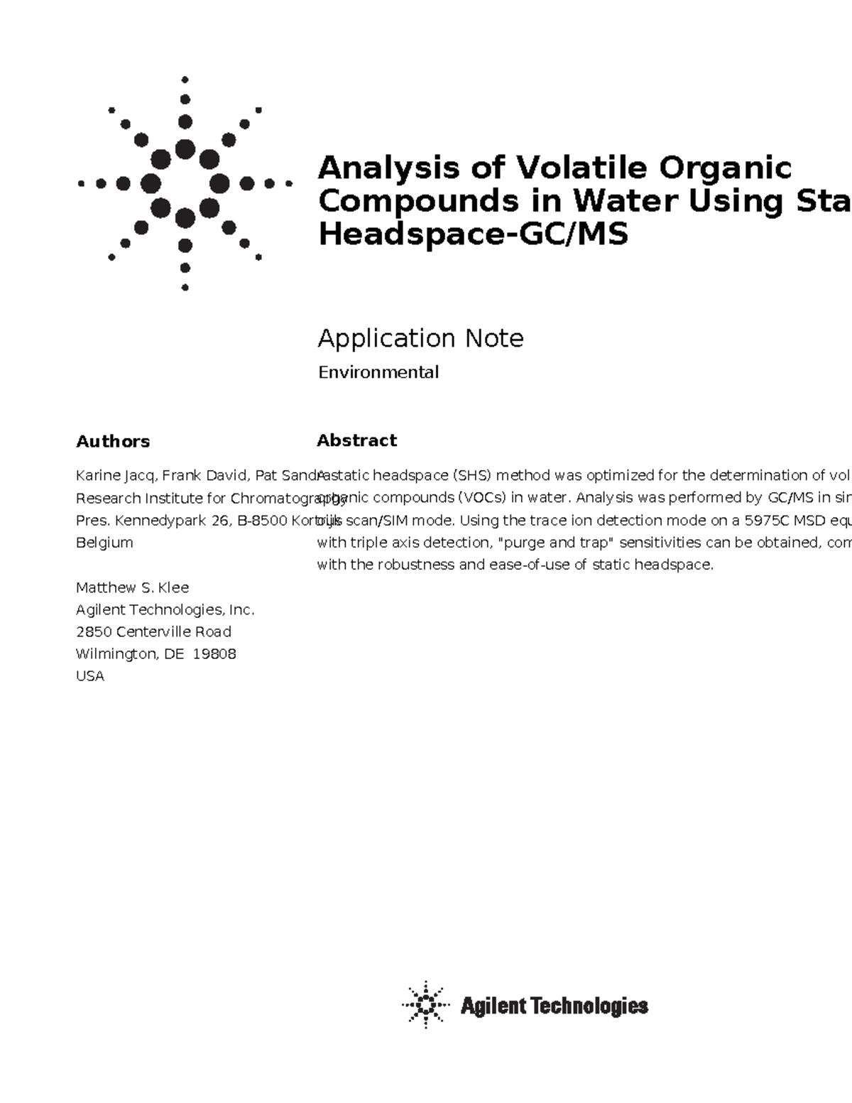Analysis of Volatile Organic in Water Static Headspace 5990-3285EN ...