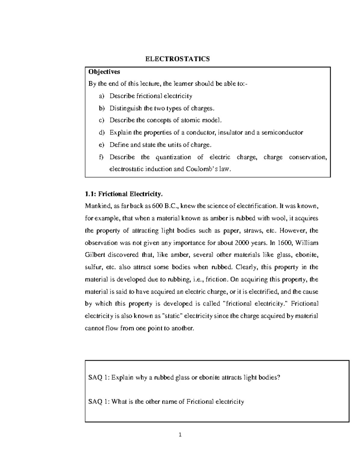 Lecture 1 - Shortened notes that are understandable - ELECTROSTATICS ...