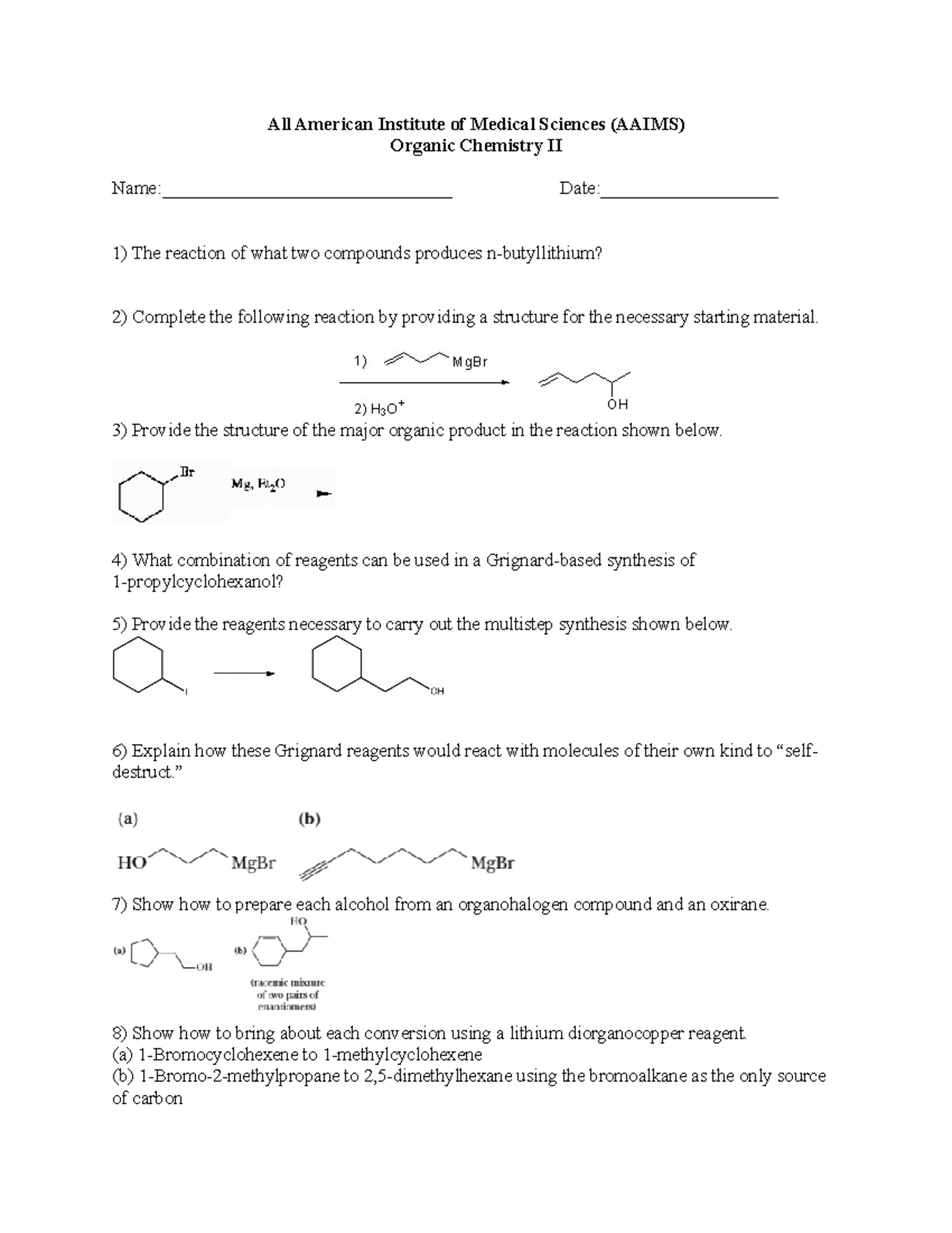 Organometallic worksheet 1 - All American Institute of Medical Sciences ...