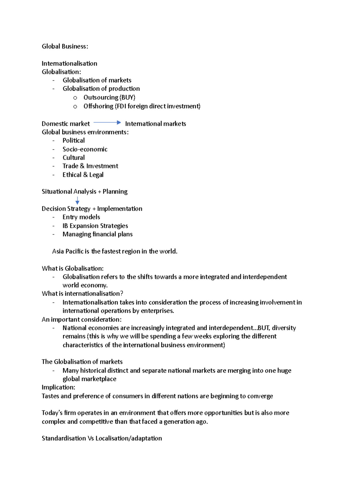 BSB119 - Lecture Notes - Global Business: Internationalisation ...