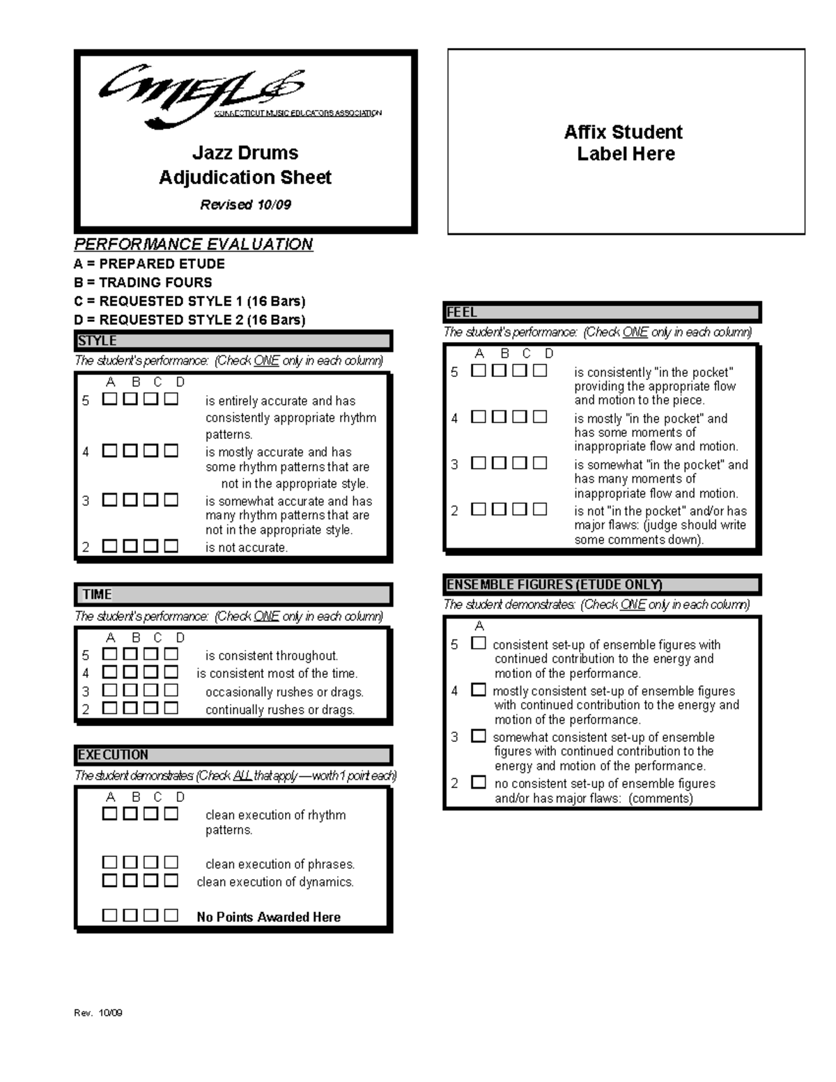 HS Jazz Drums Scoresheet v Affix Student Jazz Drums Label Here