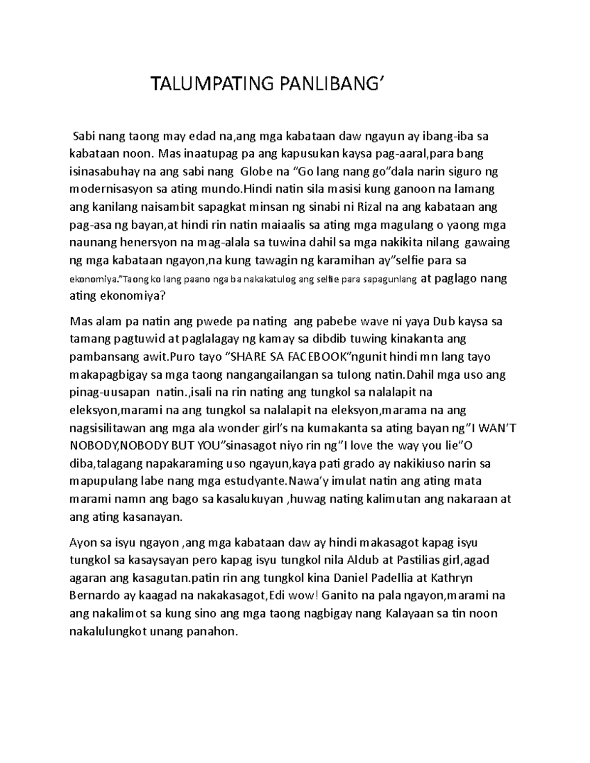 Talumpating Panlibang - TALUMPATING PANLIBANG’ Sabi nang taong may edad ...