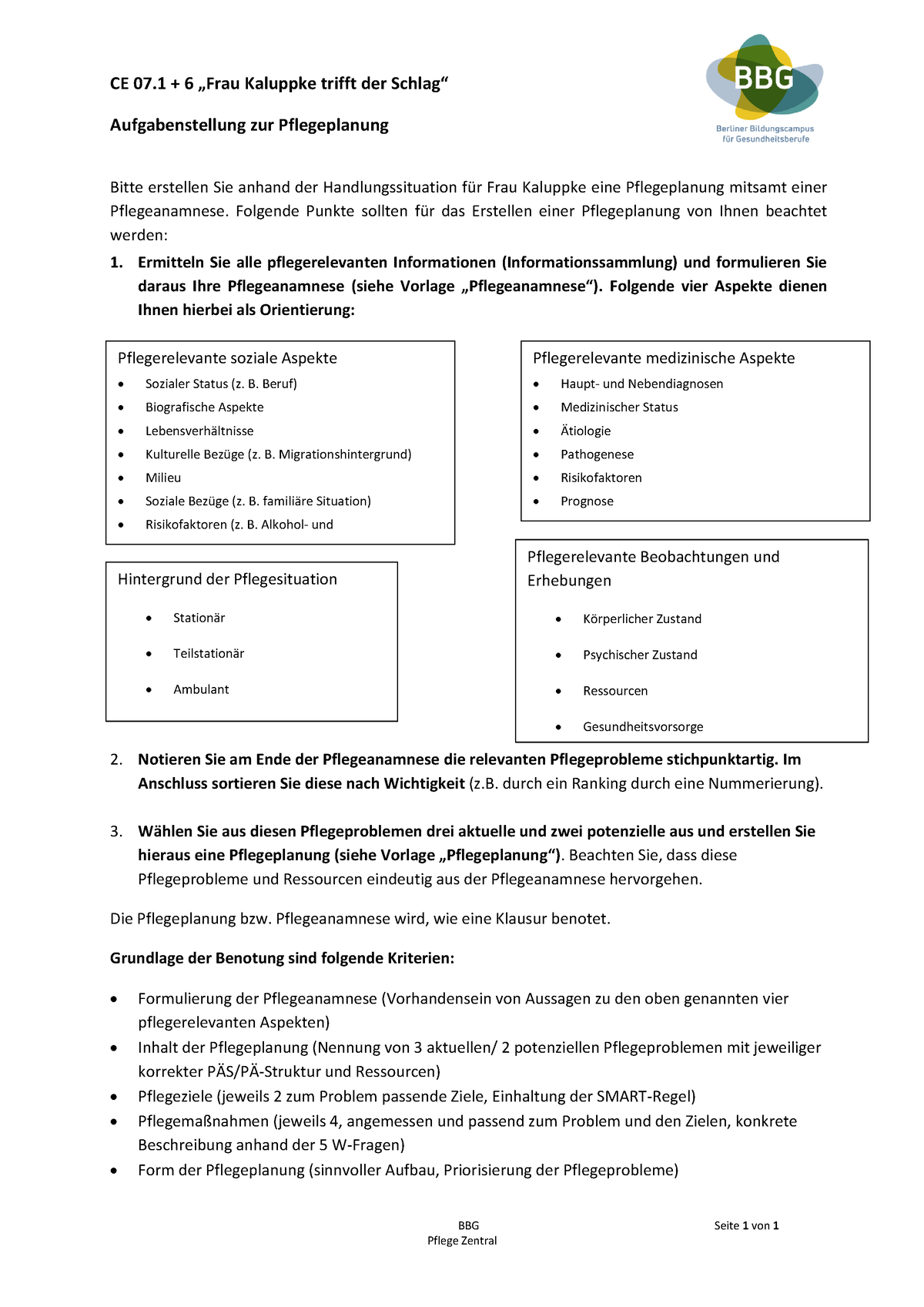 Aufgabenstellung Pflegeplanung - CE 07 + 6 „Frau Kaluppke trifft der ...