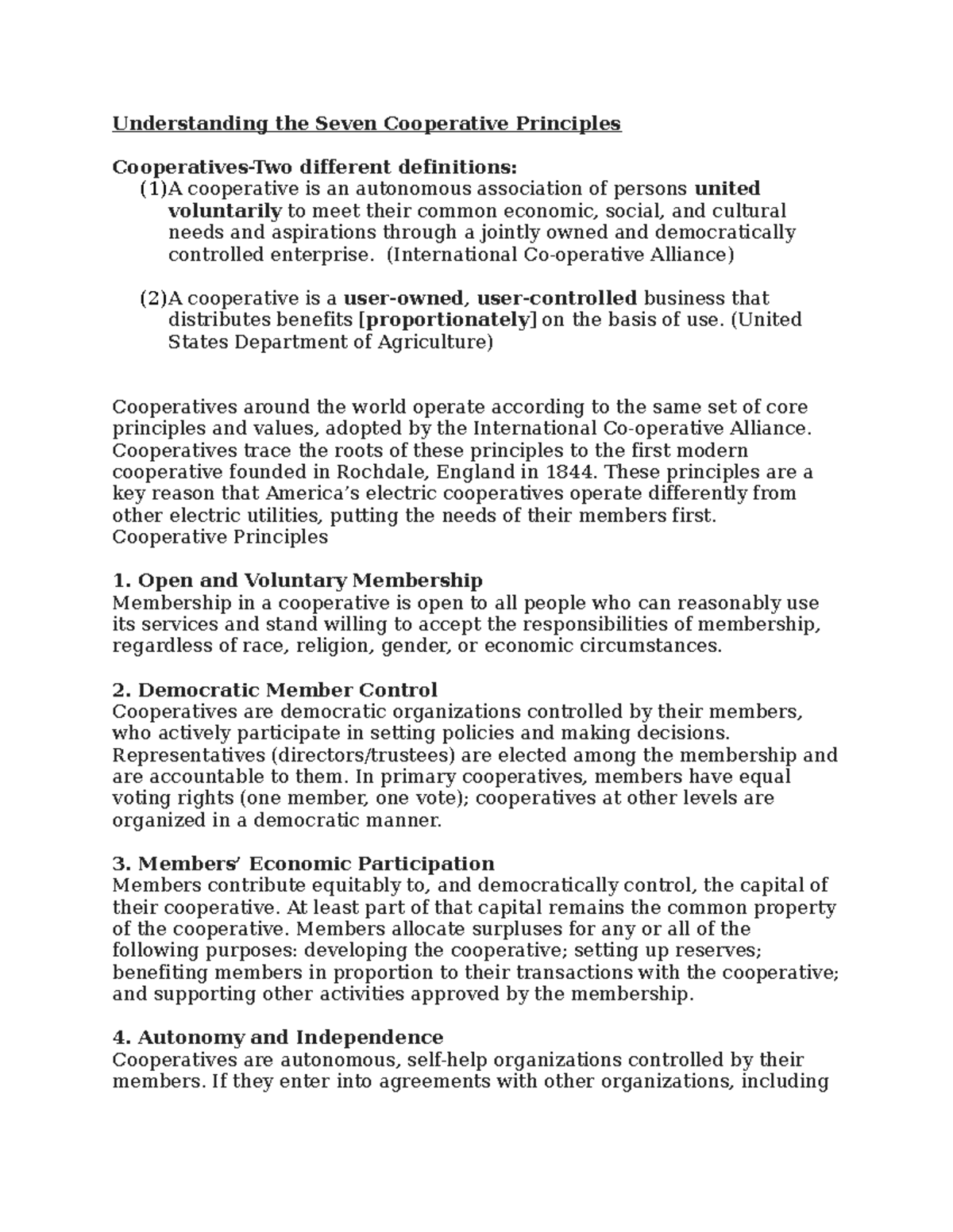 History of Cooperatives - Seven Principles Handout - Understanding the ...