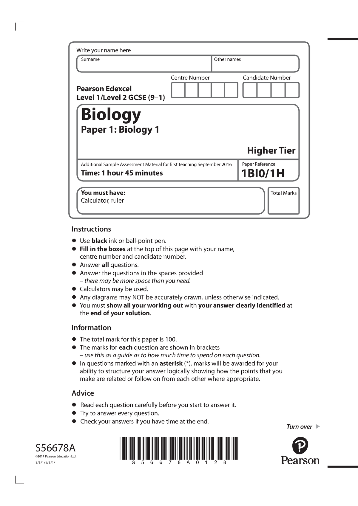 1bi0 1h Additional Sams Paper 1 Biology Higher Centre Number 3573