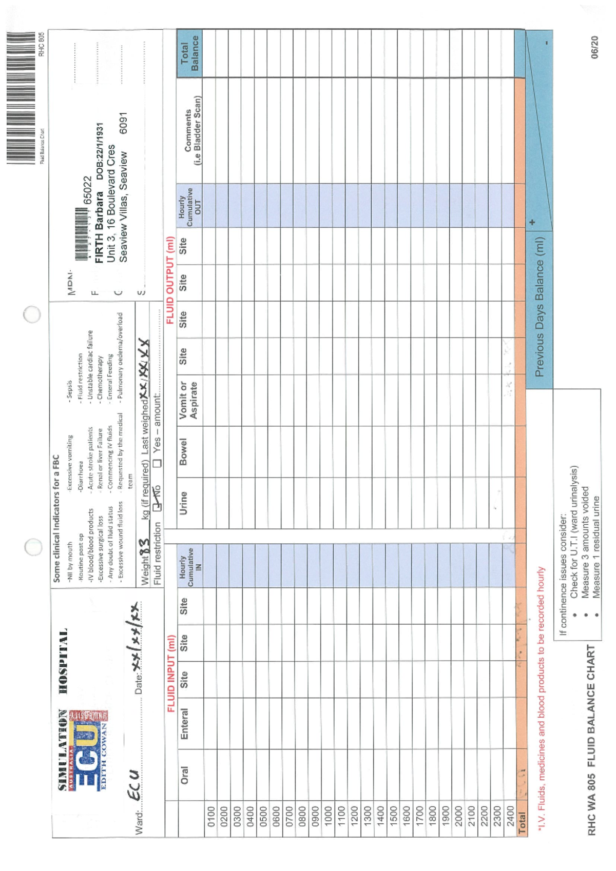 FBC 20211 Fluid Balance Chart Fluid Balance Chart RHC 805 Some