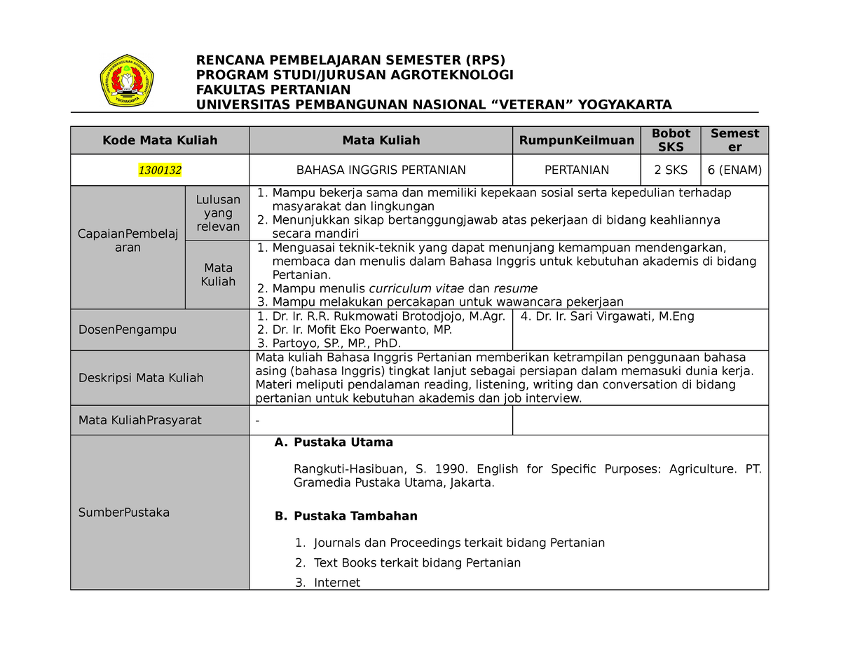 RPS KKNI B. Inggris Pertanian 2021-2 Sks - RENCANA PEMBELAJARAN ...