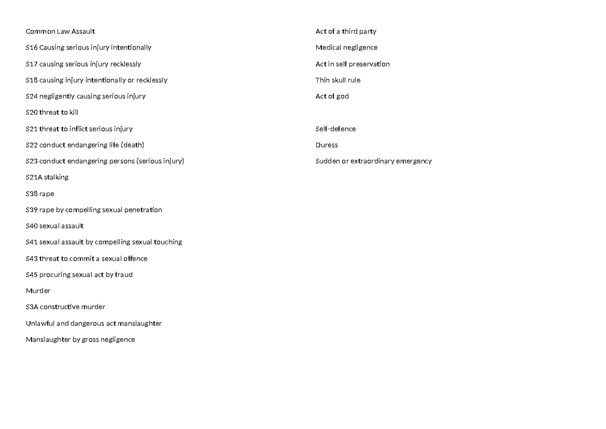 Summary Checklist - Common Law Assault S16 Causing serious injury ...