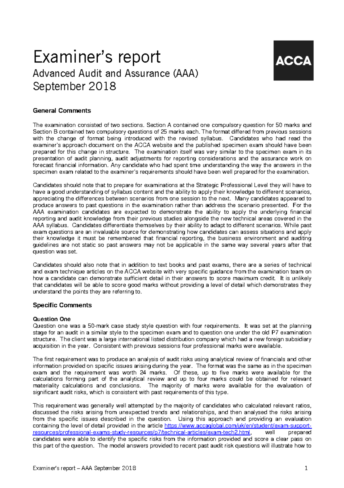 Aaaexamreports18 acca aaa exam report Examiner’s report Advanced