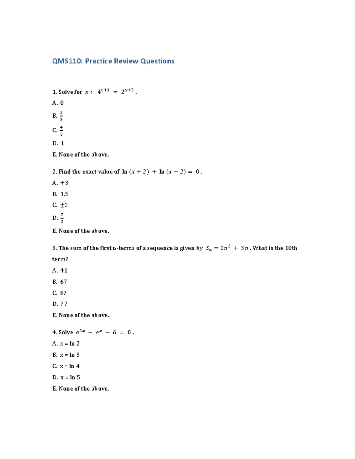 QMS110 - Review Questions - QMS110: Practice Review Questions Solve for ...