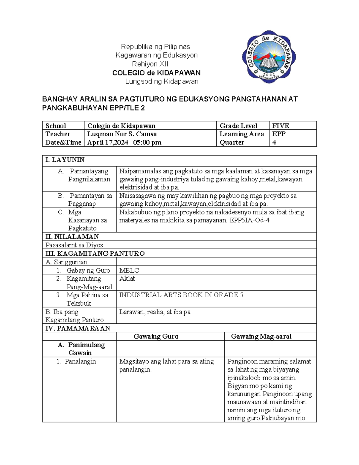 Lesson-PLAN-EPP-5 - Lesson plan for primary - Republika ng Pilipinas ...