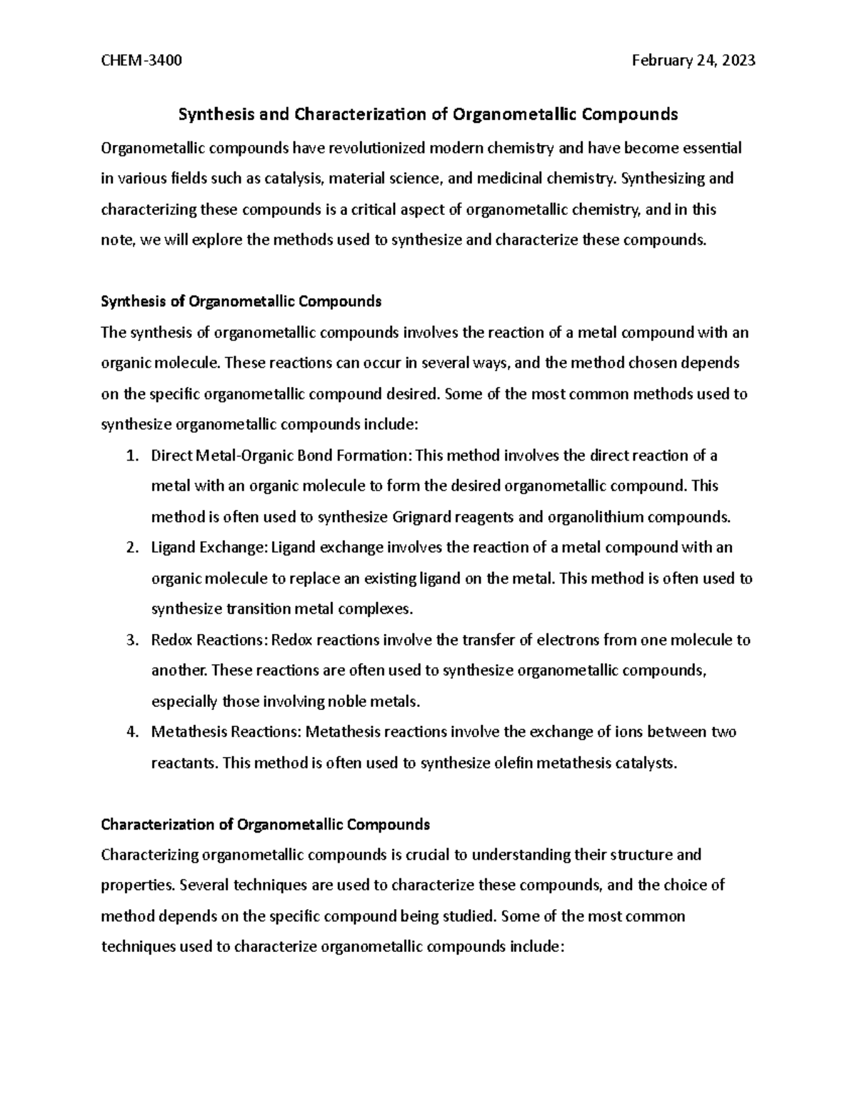 Synthesis and Characterization of Organometallic Compounds - CHEM-3400 ...