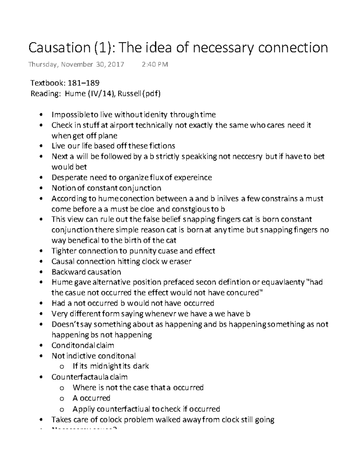 Causation The idea of necessary connection Textbook 181 189 Reading Hume (IV/14), Russell