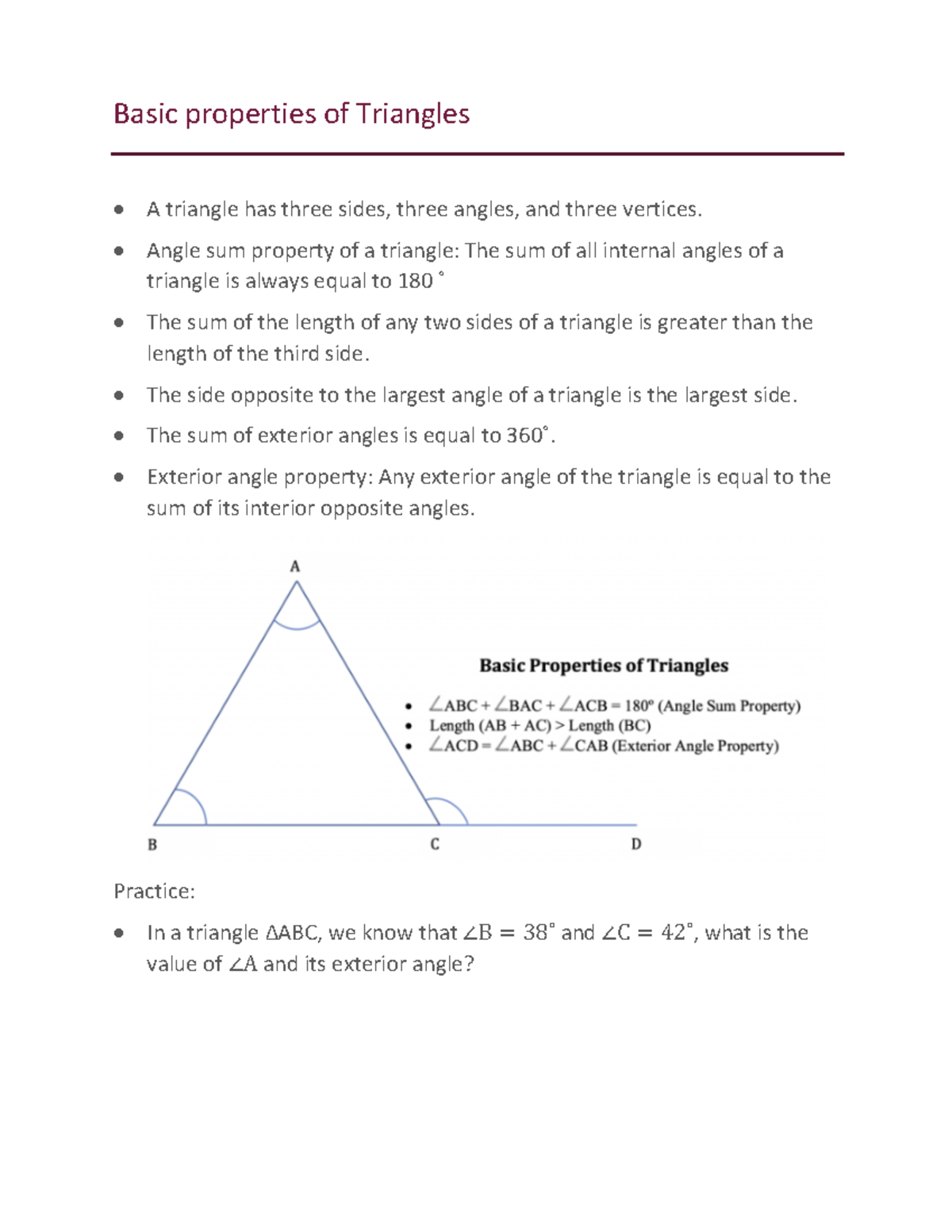 Basic properties of Triangles Angle sum property of a triangle The