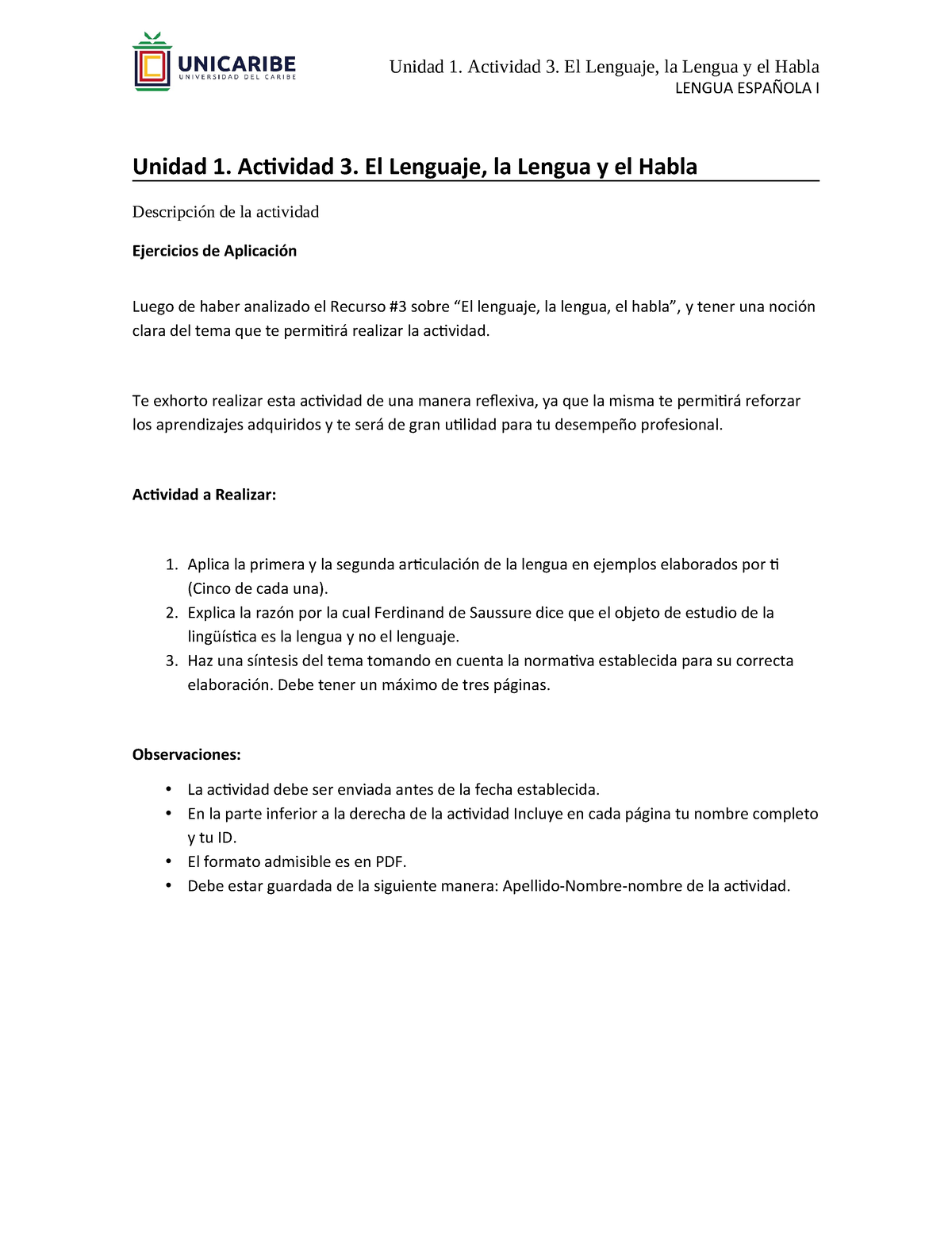 Unidad 1. Actividad 3. El Lenguaje, La Lengua Y El Habla - Unidad 1 ...