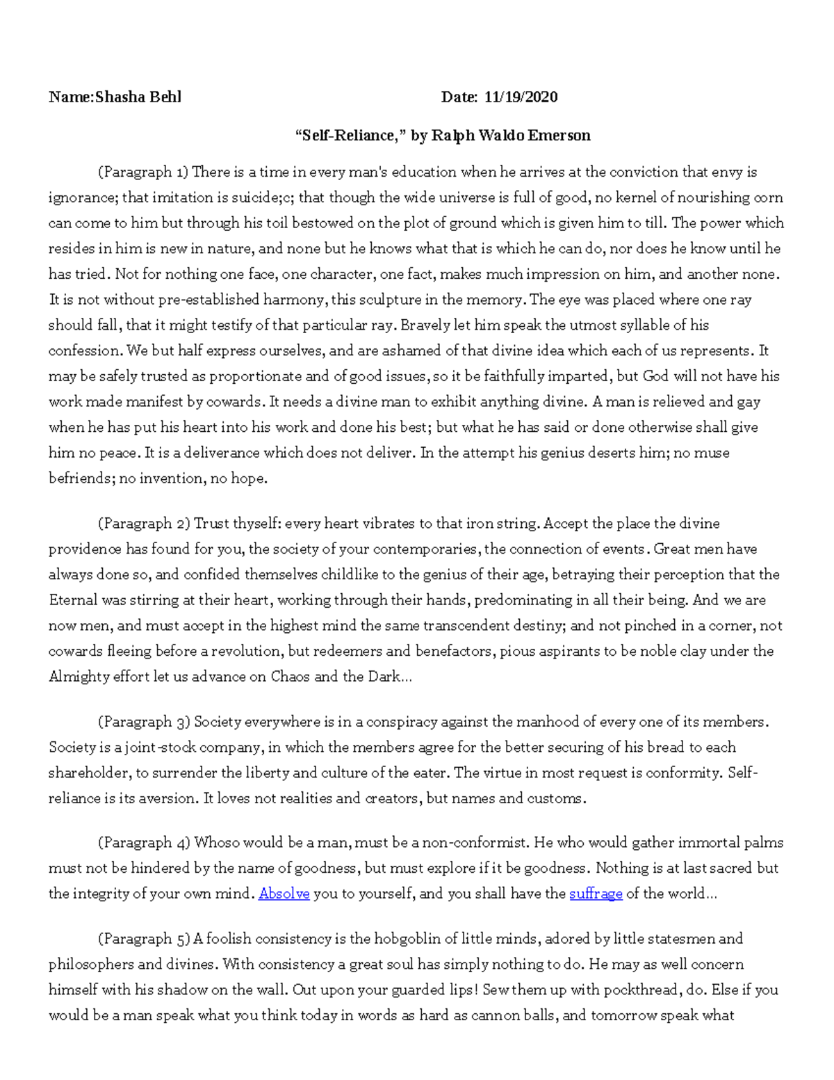 Self Reliance Questions NameShasha Behl Date 11/19/ “SelfReliance