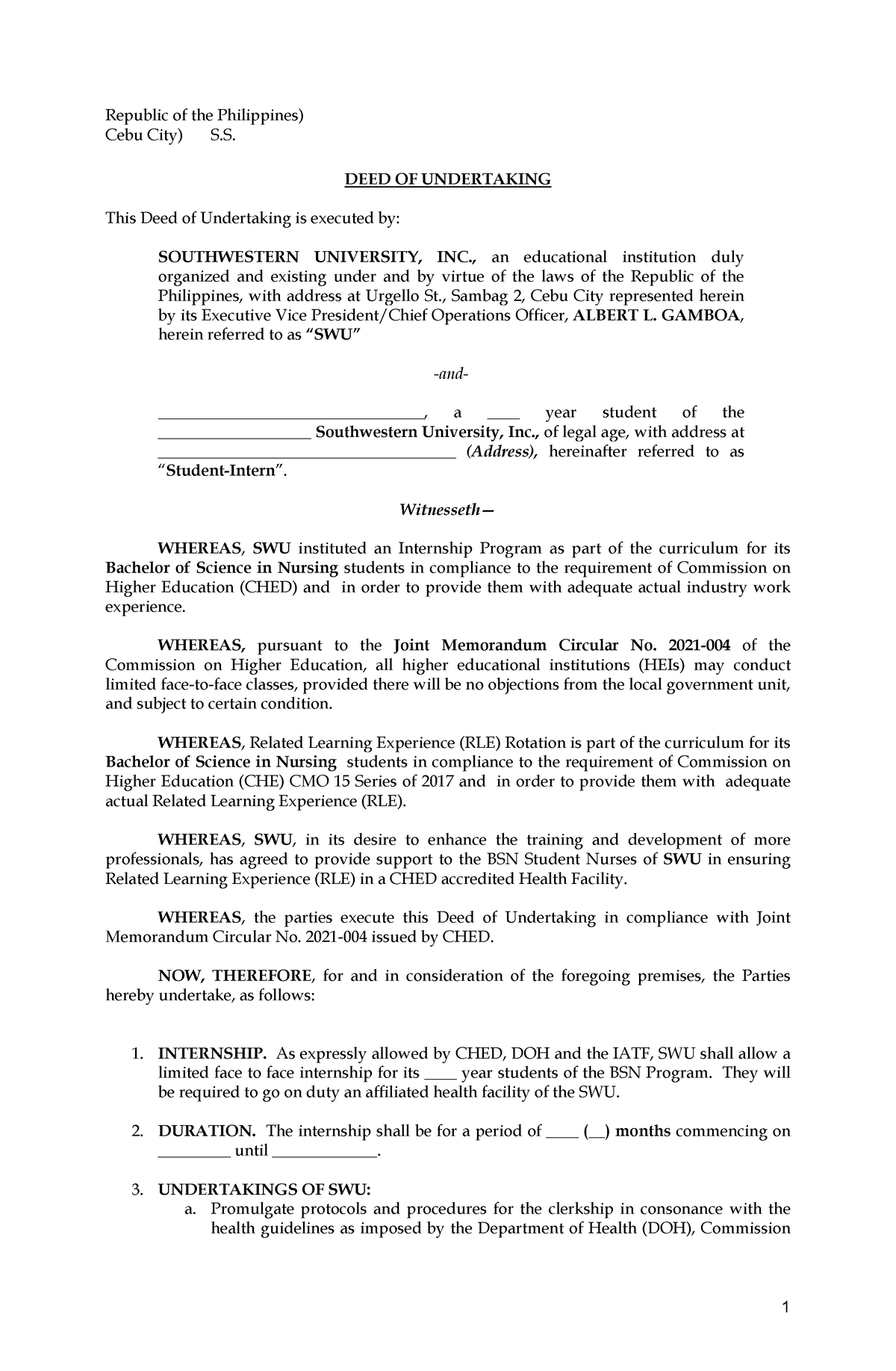 Deed of undertaking for LF2F with Internship Nursing 1 - 1 Republic of ...