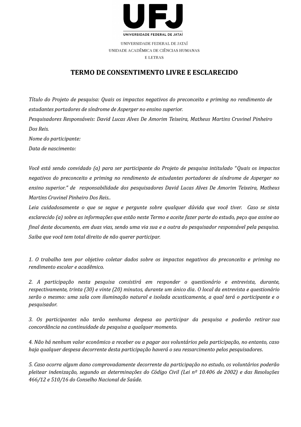 Termo Consentimento Tcle Universidade Federal De JataÍ Unidade AcadÊmica De CiÊncias Humanas E 6354