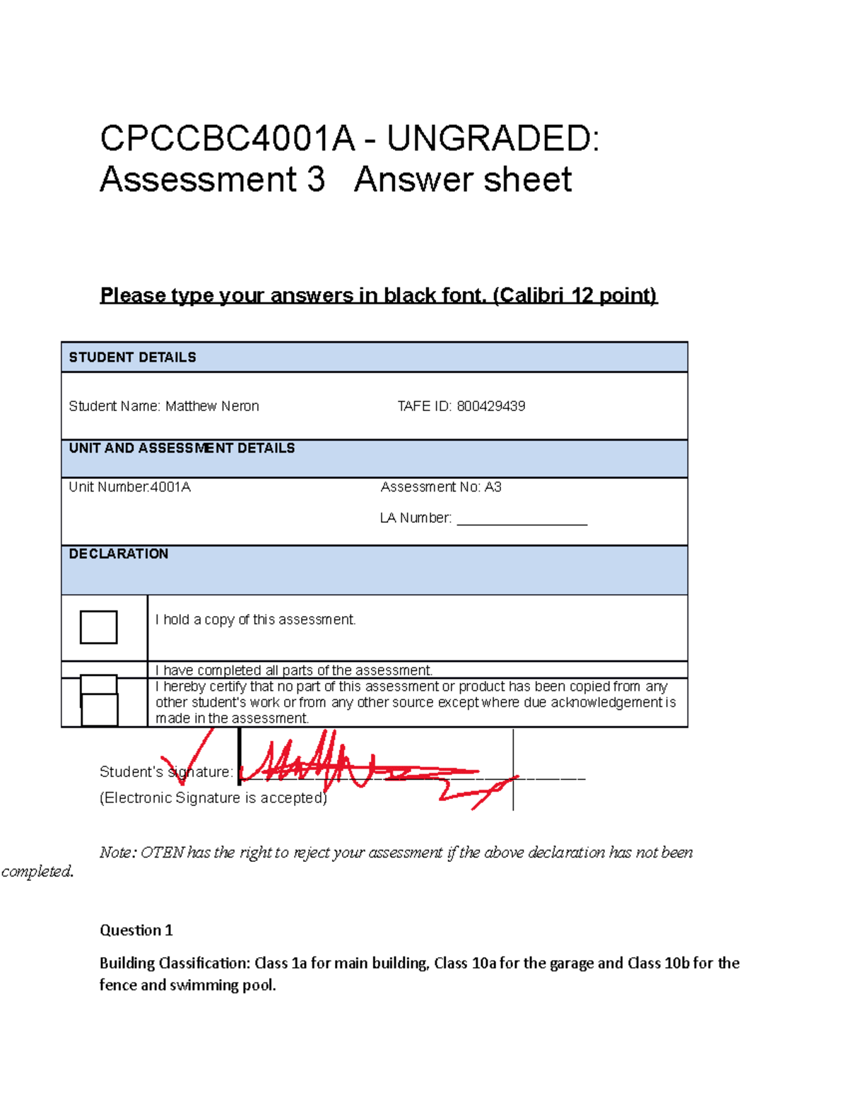 Assessment 3 Building codes CPCCBC4001A UNGRADED Assessment 3