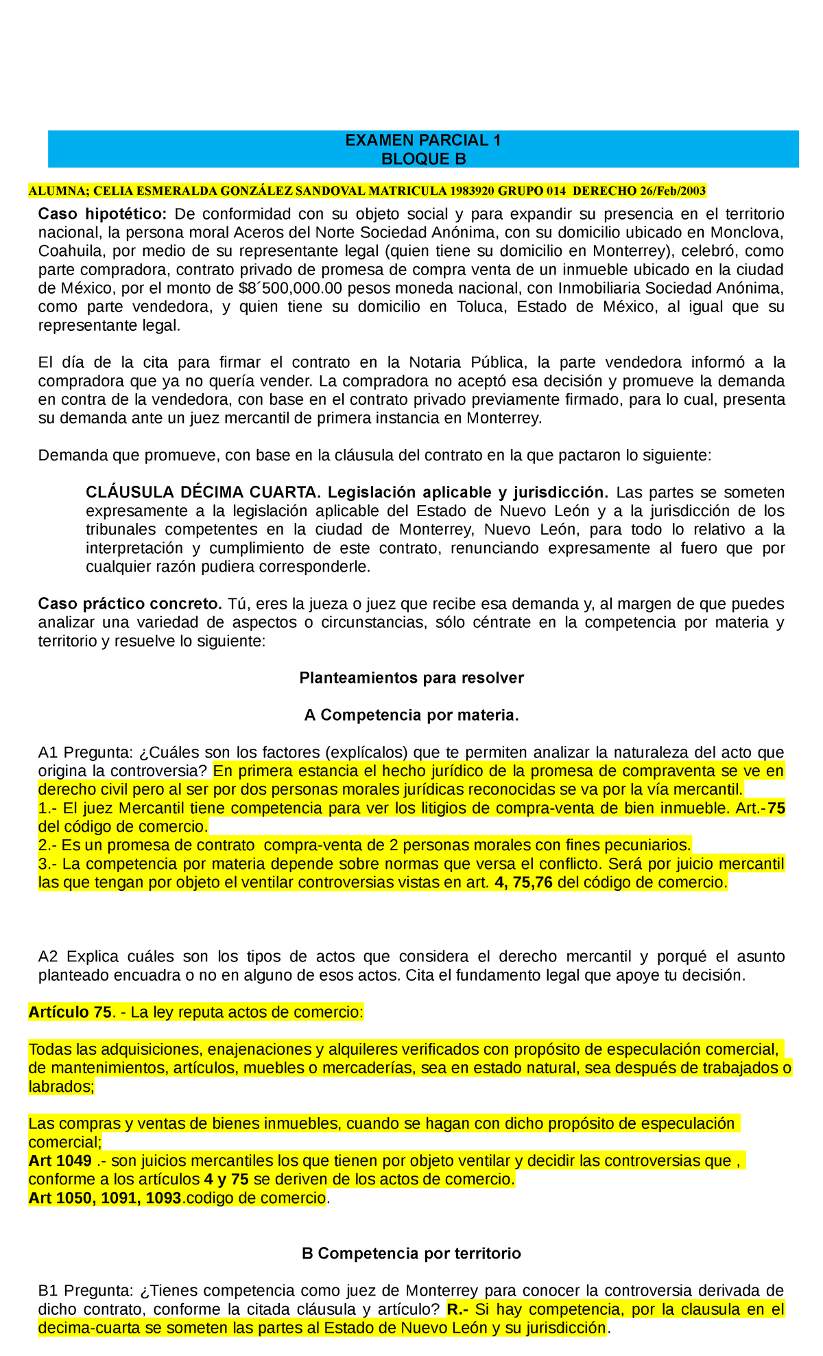 Examen 1 Bloque B - Conta - EXAMEN PARCIAL 1 BLOQUE B ALUMNA; CELIA ...