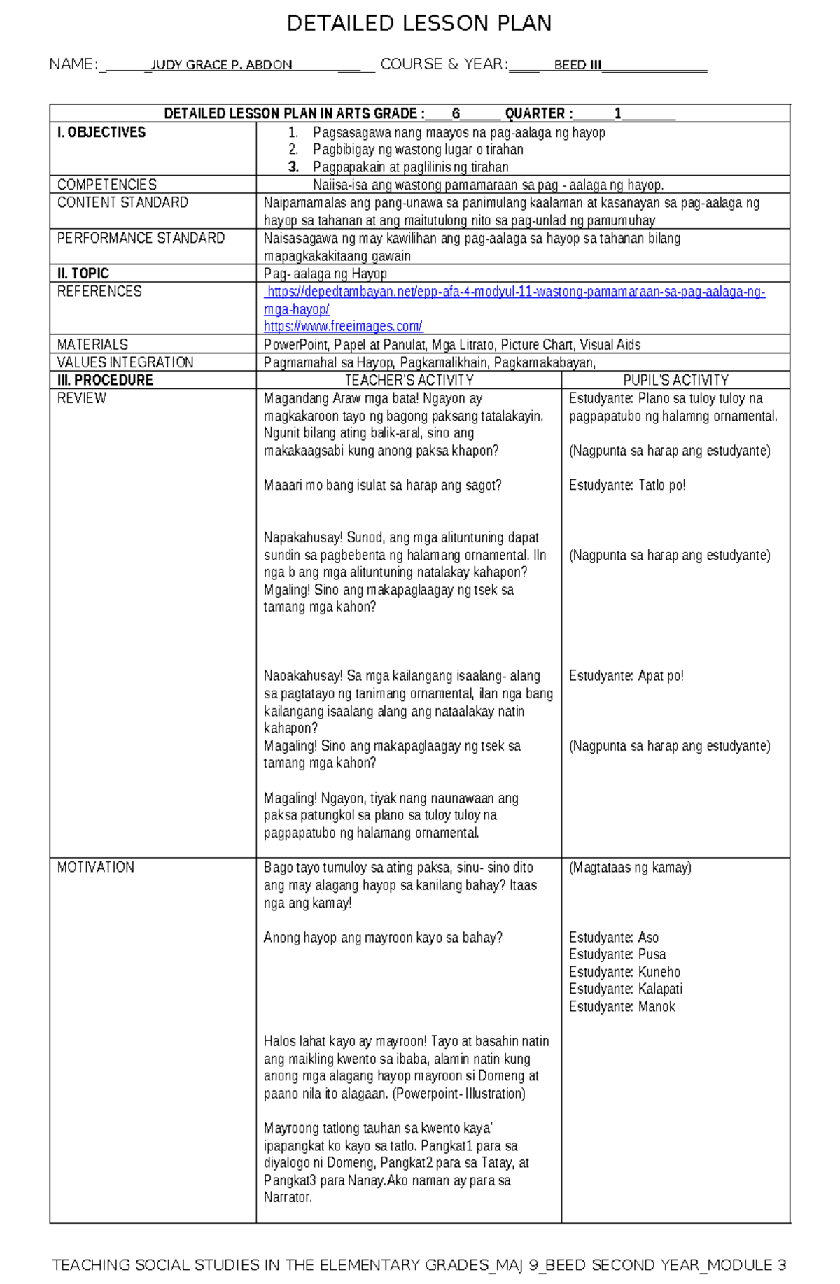 Grade6- Pag- aalaga ng Hayop - NAME:JUDY GRACE P. ABDON____ COURSE ...