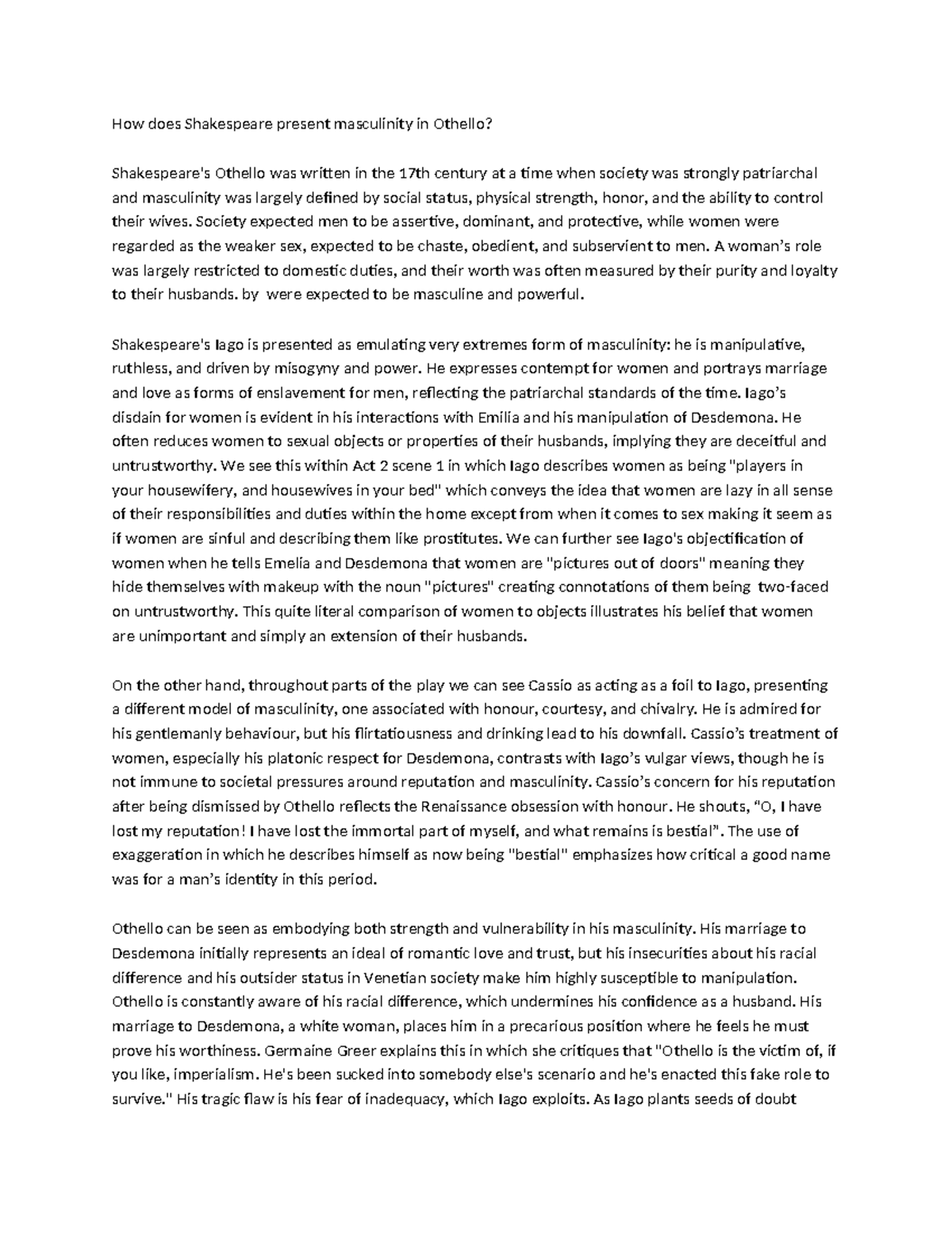 Masculinity in othello how does shakespeare present masculinity in