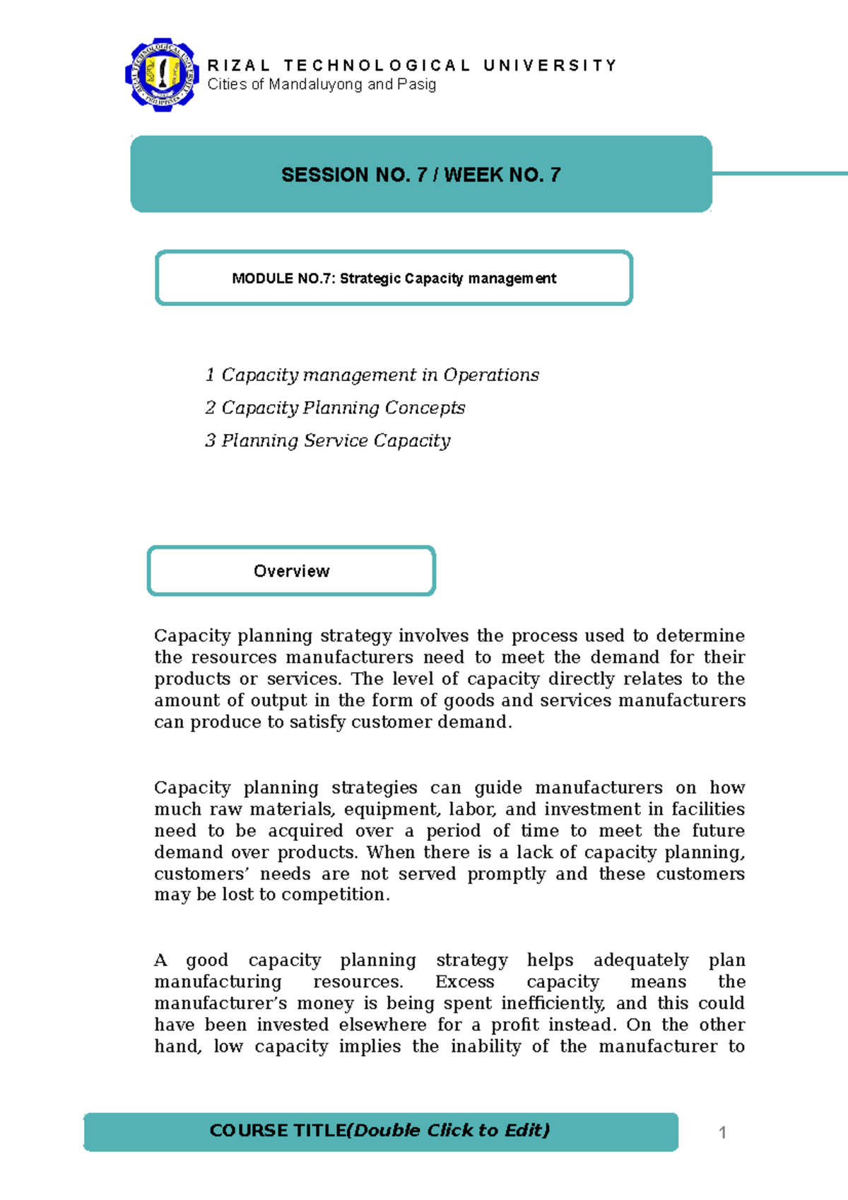 Module 7 Strategic Capacity Management - 1 Capacity management in ...