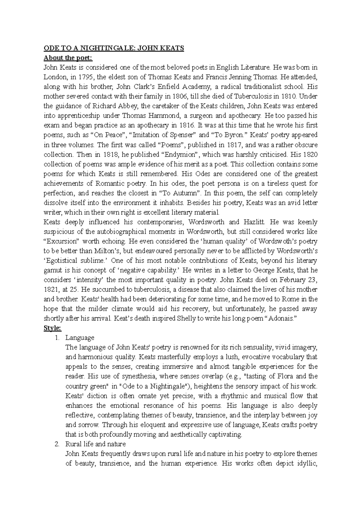 ODE TO A Nightingale - notes - ODE TO A NIGHTINGALE: JOHN KEATS About ...