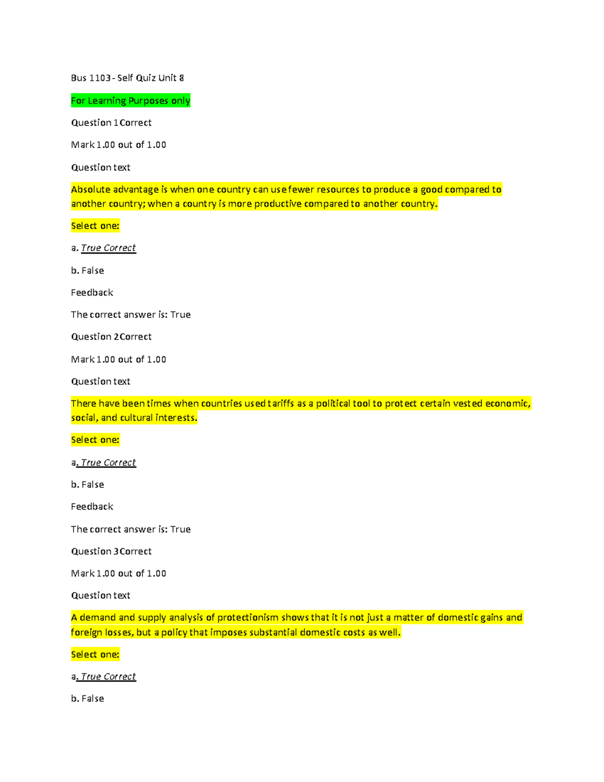 Self Quiz Unit 8-BUS1103- A - Bus 1103- Self Quiz Unit 8 For Learning ...