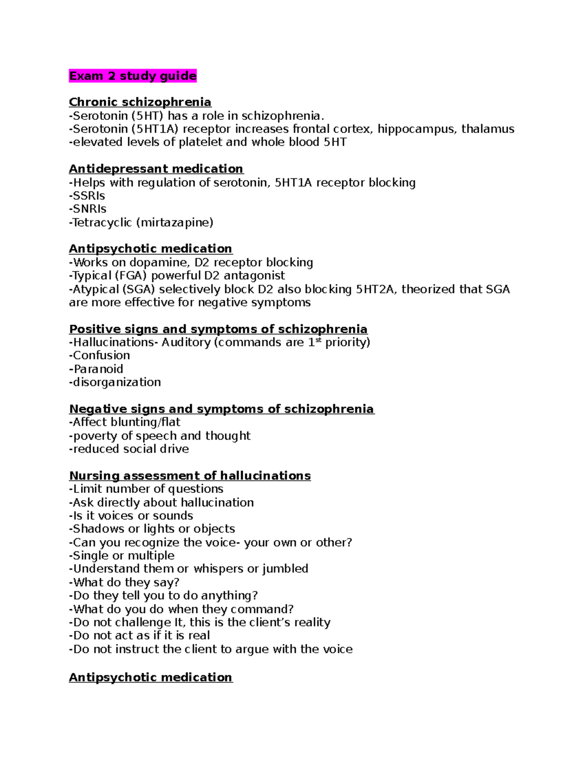 Exam 2 study guide - mental health - Exam 2 study guide Chronic ...