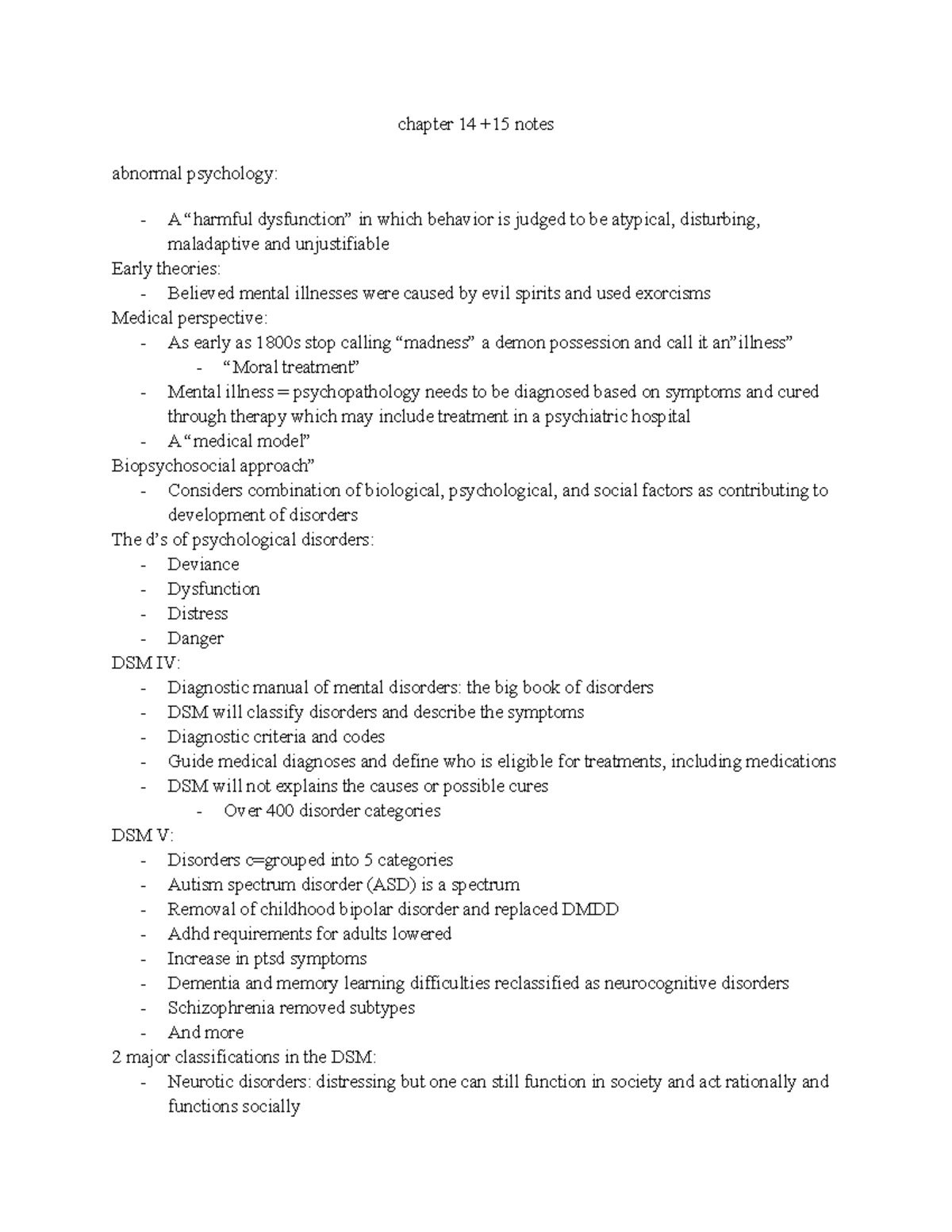 Ch 14 + 15 Abnormal and Treatment class notes - chapter 14 +15 notes ...