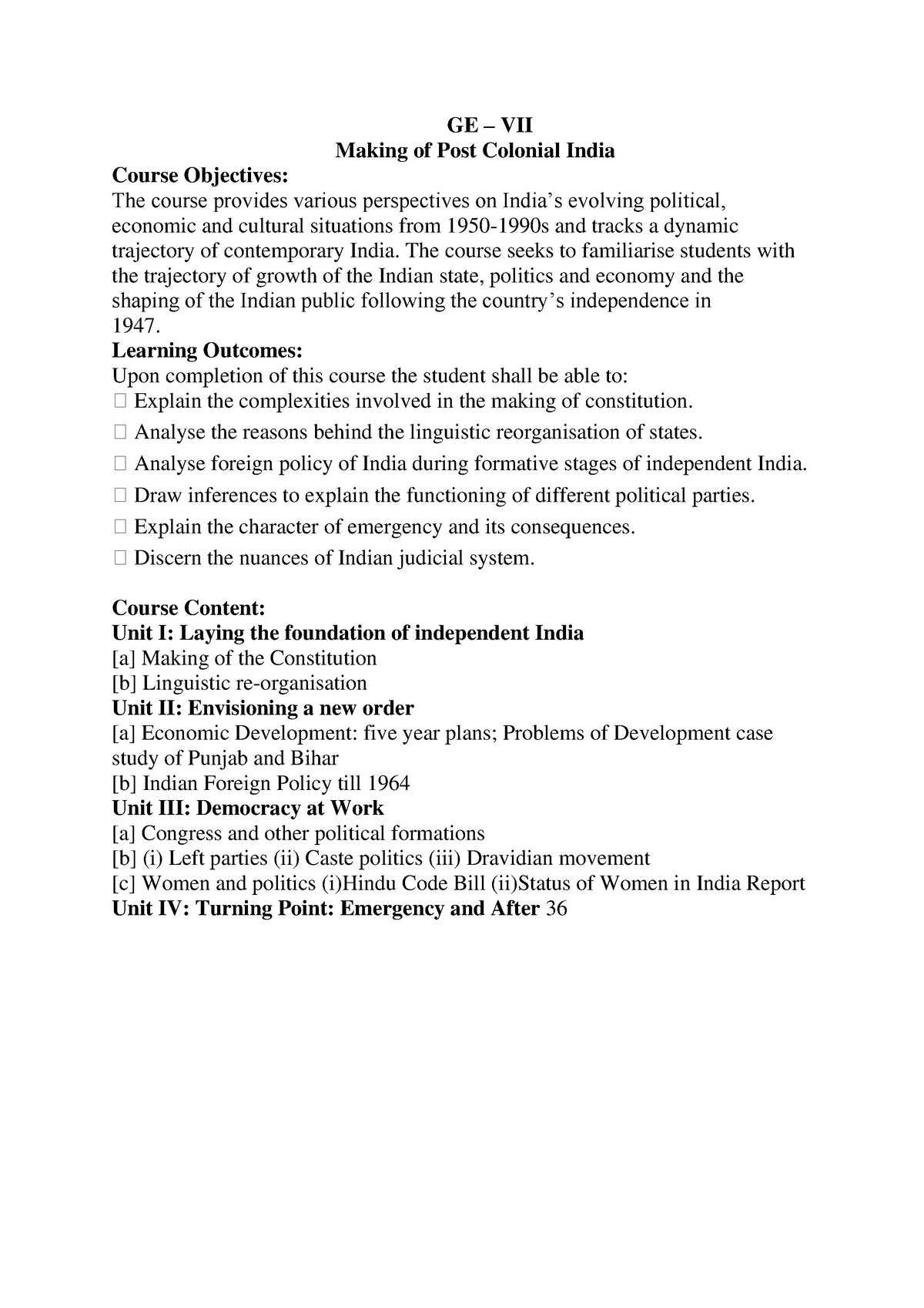 Syllabus- Making Of Post Colonial India - GE – VII Making Of Post ...