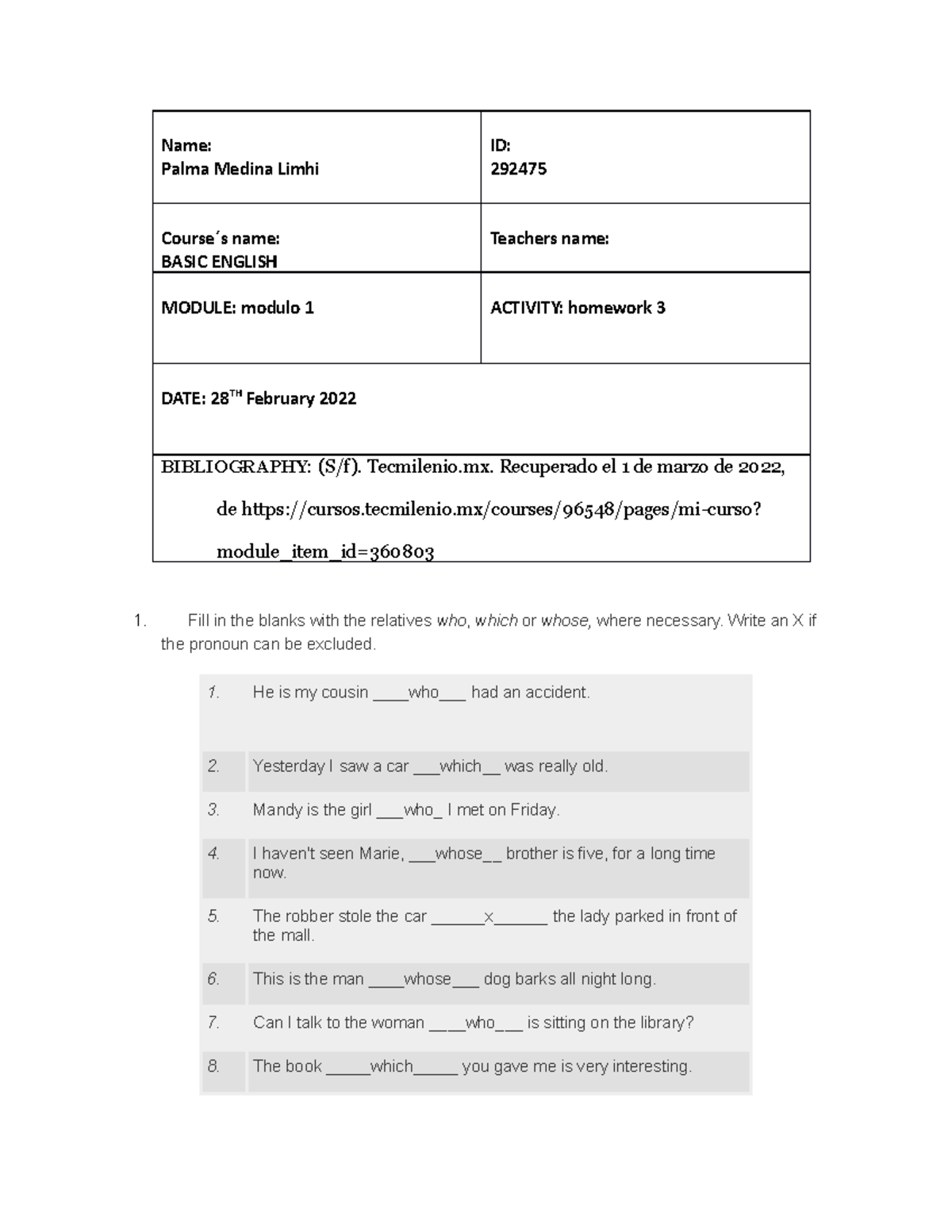Homework 3 - ingles basico universidad tecmilenio - Name: Palma Medina ...
